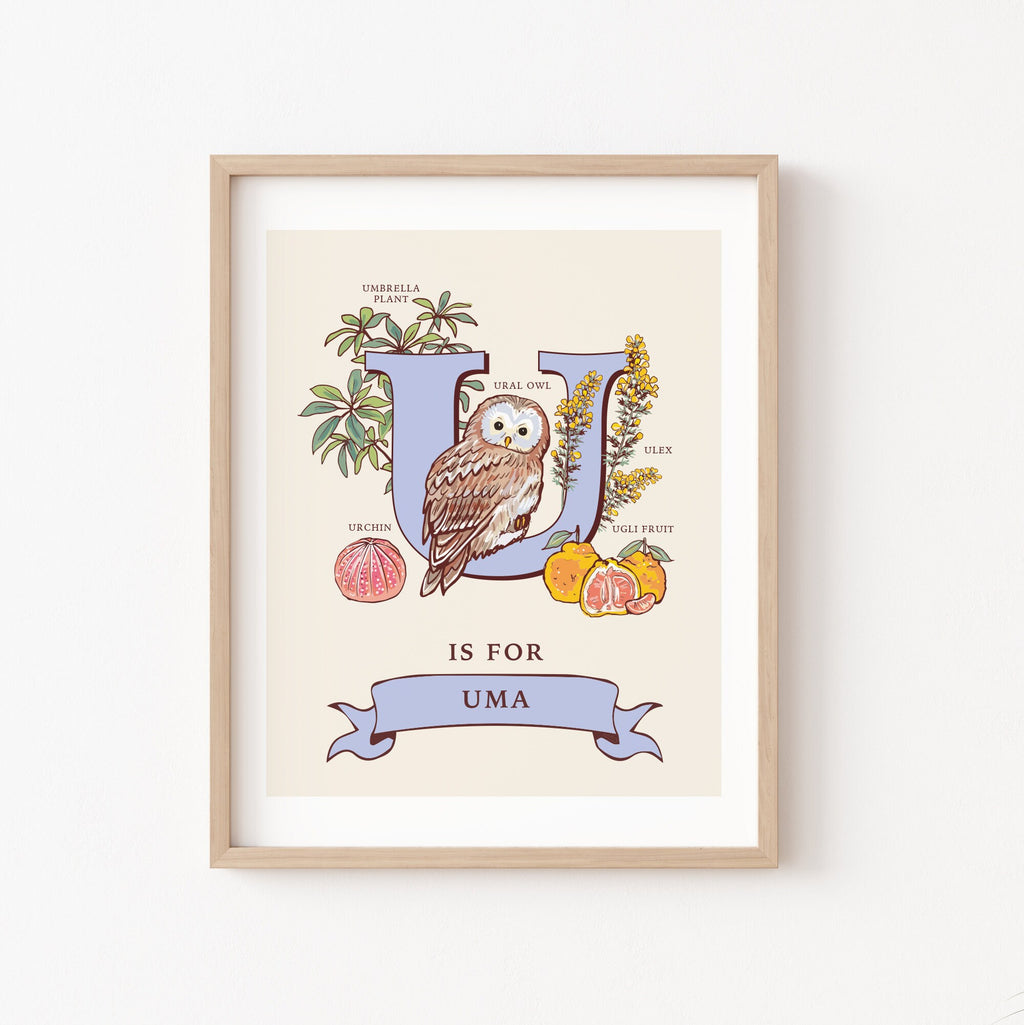 U - Personalised Letter U Print, Initial U Wall Art, Nature Guide Monogram Illustration
