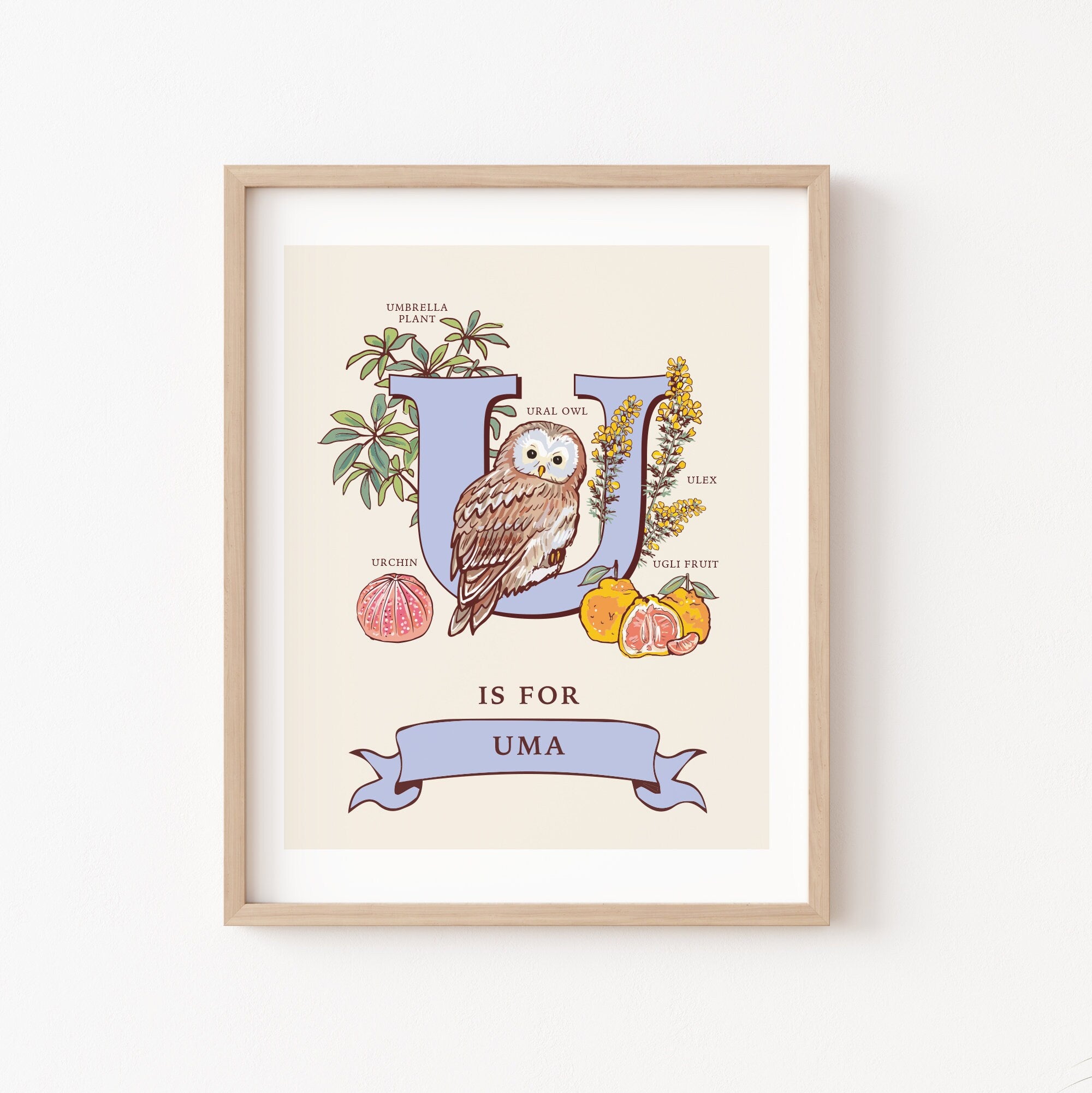 U - Personalised Letter U Print, Initial U Wall Art, Nature Guide Monogram Illustration