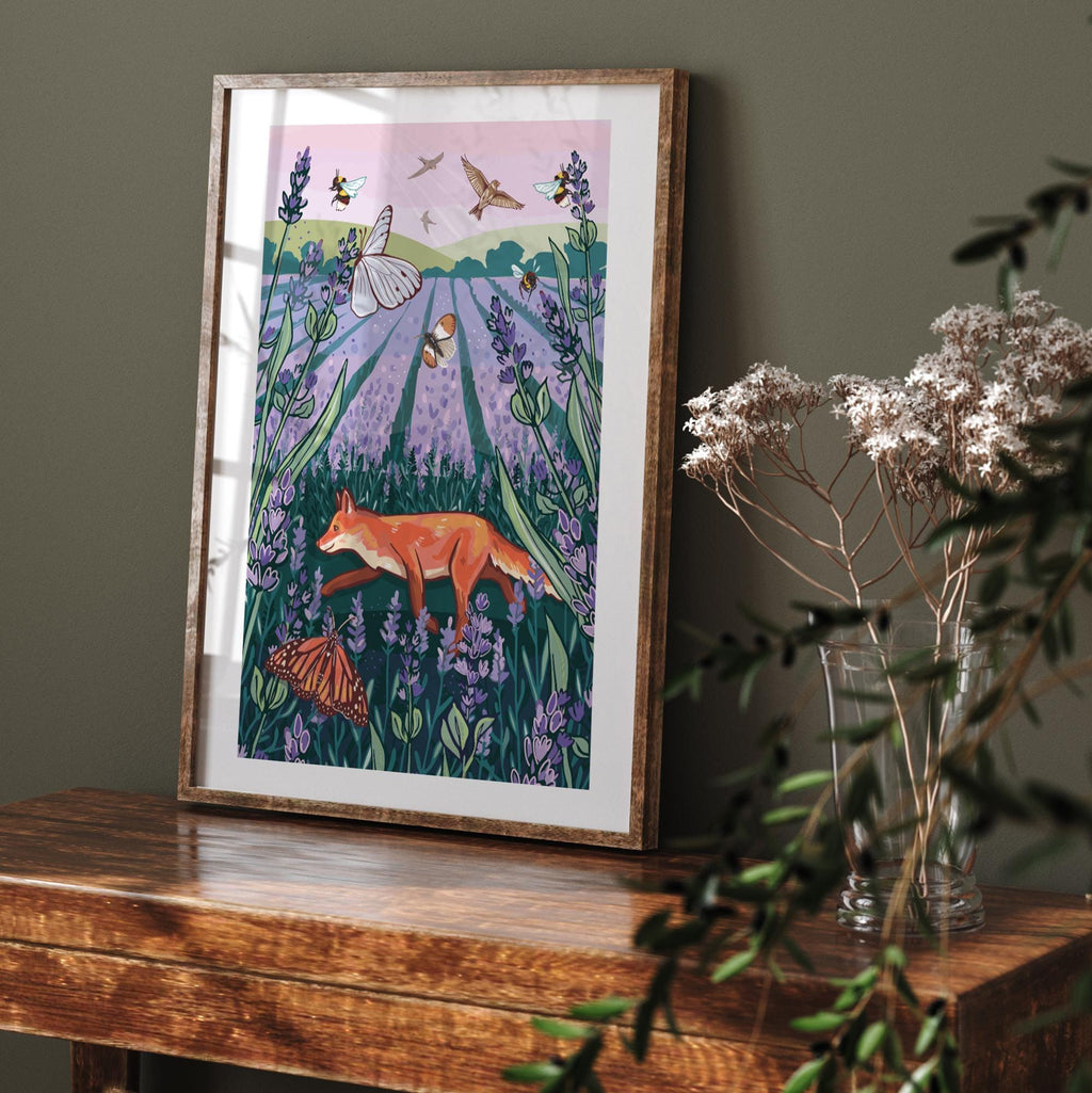 Fox in a Lavender Field Hand-Drawn Wall Art Print