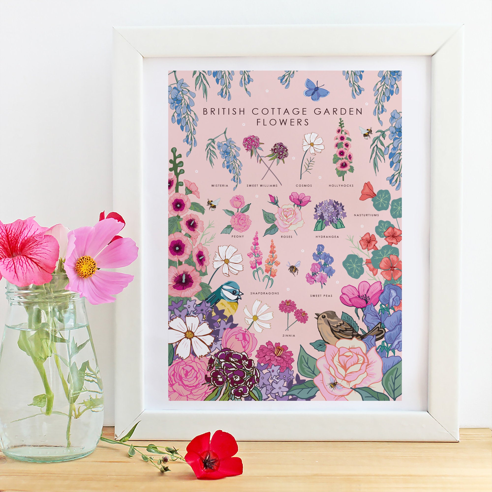 British Cottage Garden Flowers Nature Guide Wall Art Print