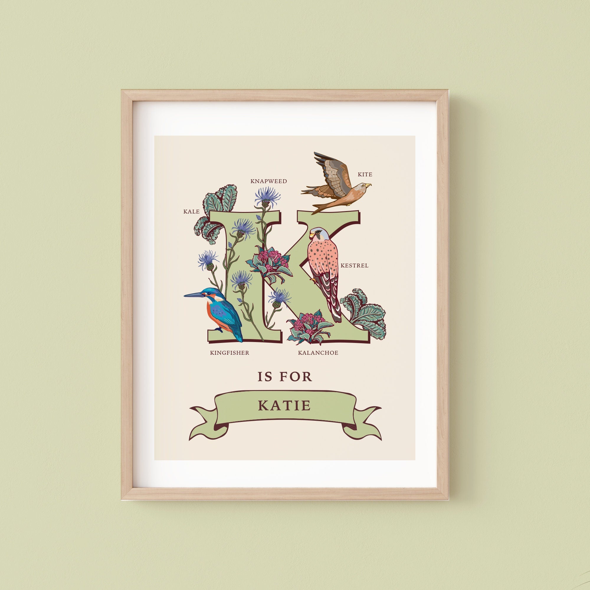 K - Personalised Letter K Print, Initial K Wall Art, Nature Guide Monogram Illustration