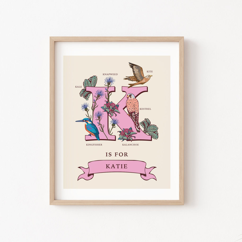 K - Personalised Letter K Print, Initial K Wall Art, Nature Guide Monogram Illustration