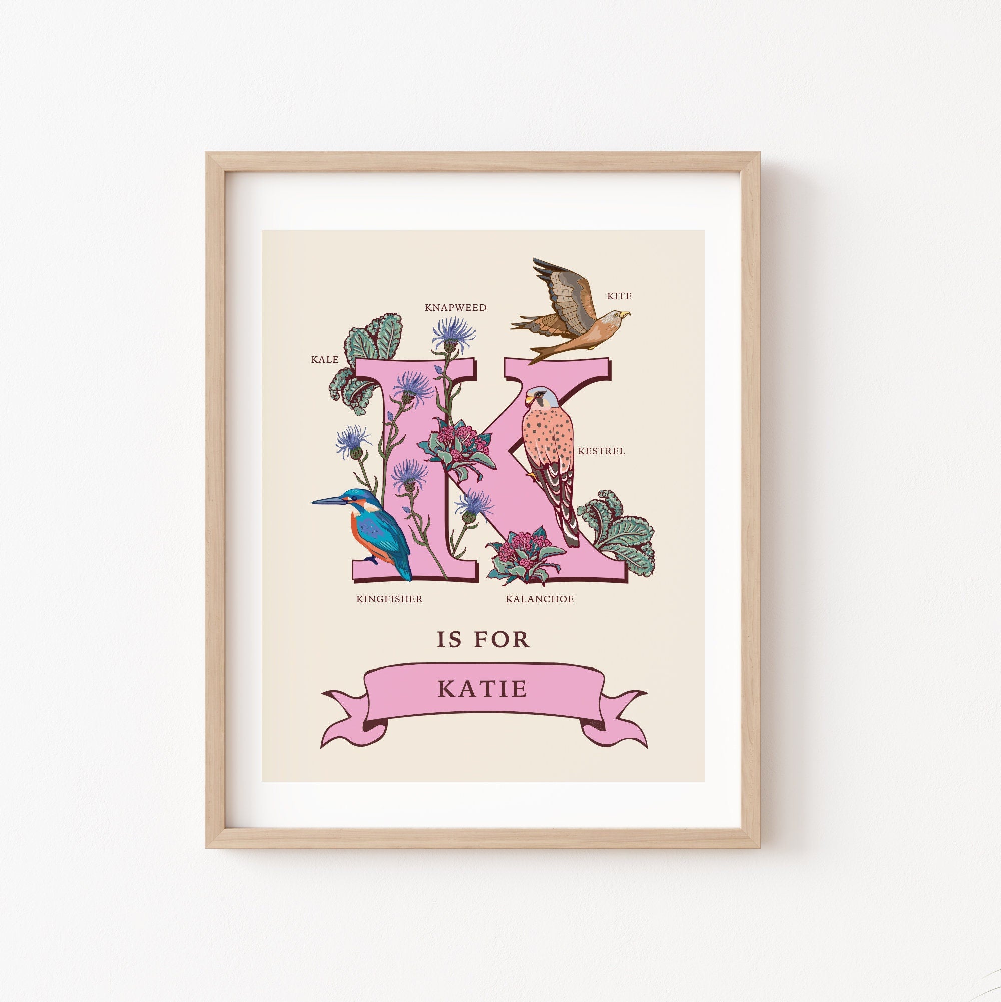 K - Personalised Letter K Print, Initial K Wall Art, Nature Guide Monogram Illustration