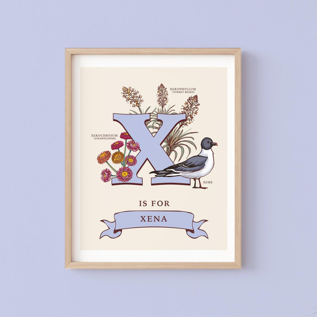 X - Personalised Letter X Print, Initial X Wall Art, Nature Guide Monogram Illustration