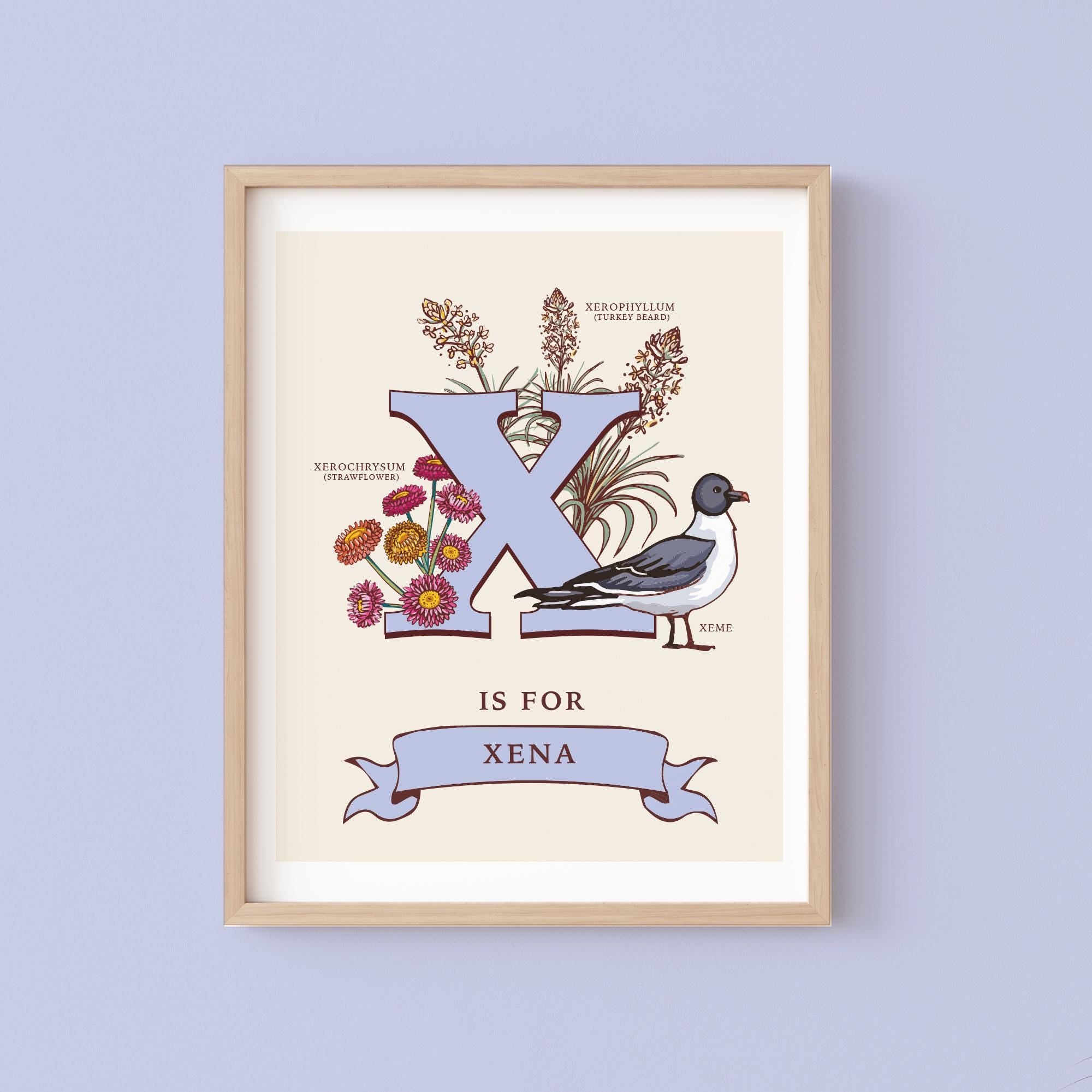 X - Personalised Letter X Print, Initial X Wall Art, Nature Guide Monogram Illustration