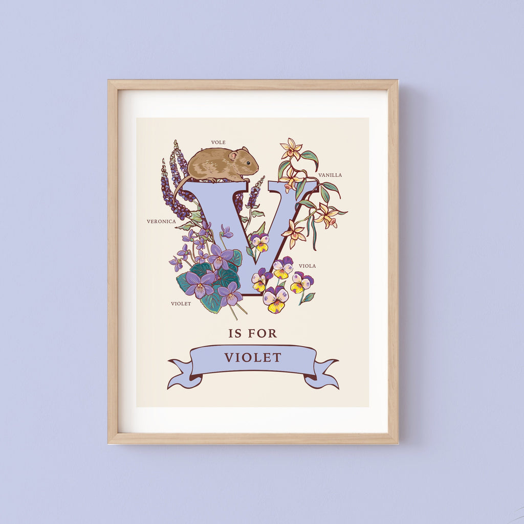 V - Personalised Letter V Print, Initial V Wall Art, Nature Guide Monogram Illustration