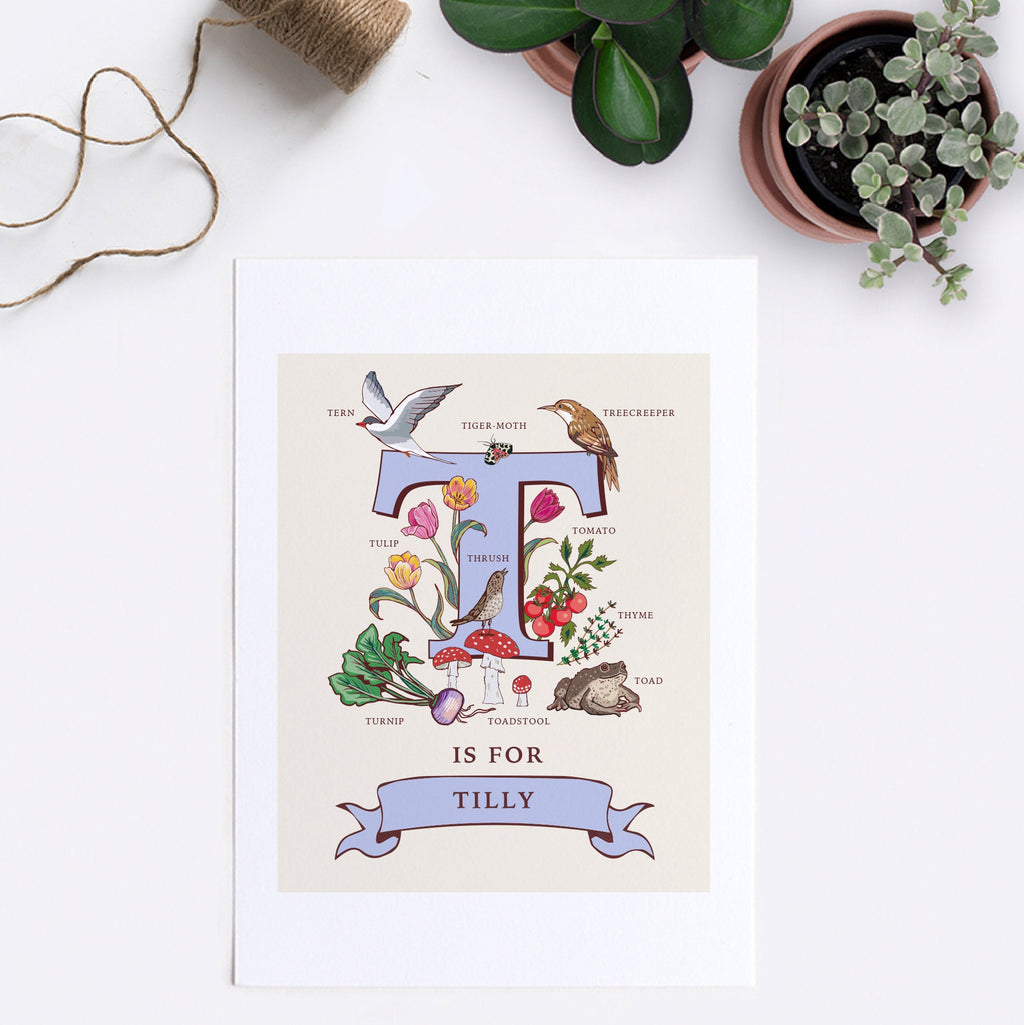 T - Personalised Letter T Print, Initial T Wall Art, Nature Guide Monogram Illustration