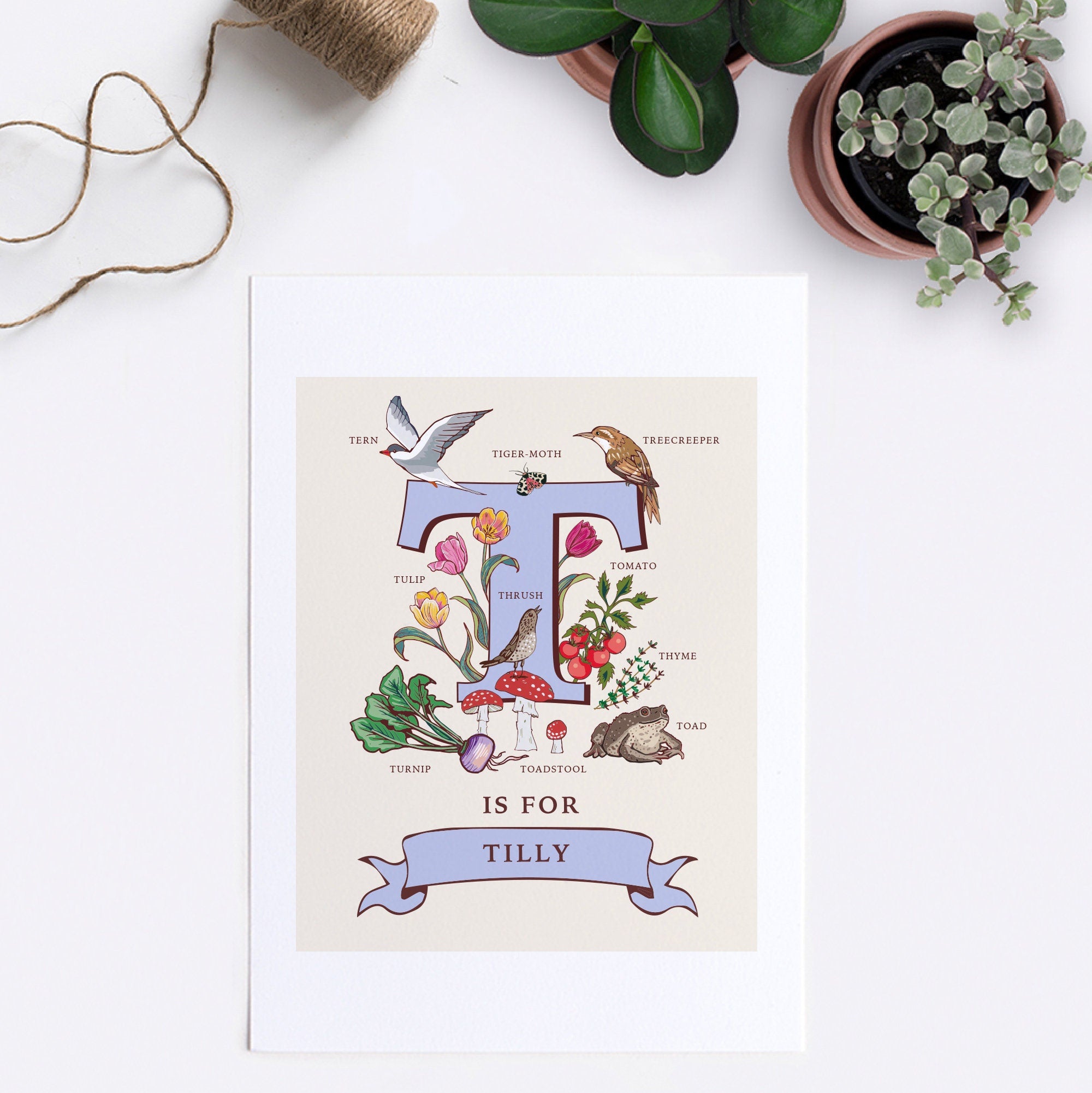 T - Personalised Letter T Print, Initial T Wall Art, Nature Guide Monogram Illustration