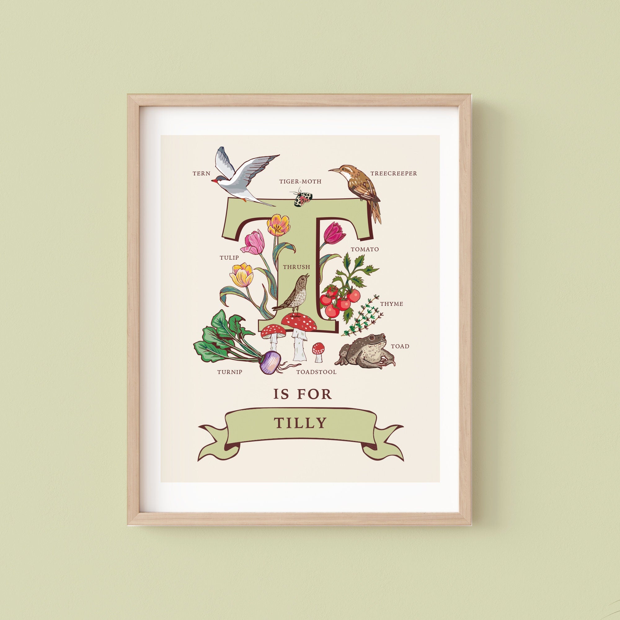 T - Personalised Letter T Print, Initial T Wall Art, Nature Guide Monogram Illustration