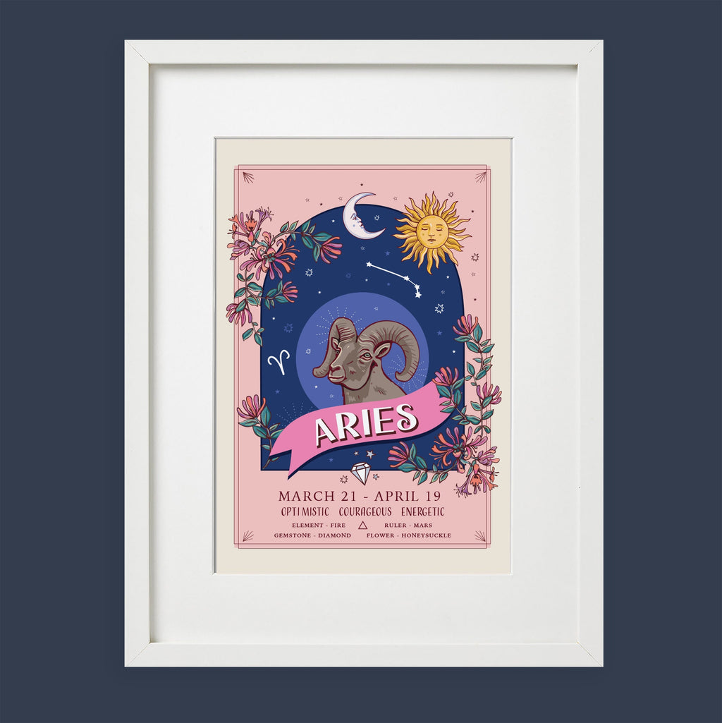 Aries Wall Art Print, Zodiac Sign and Flowers Illustration Print