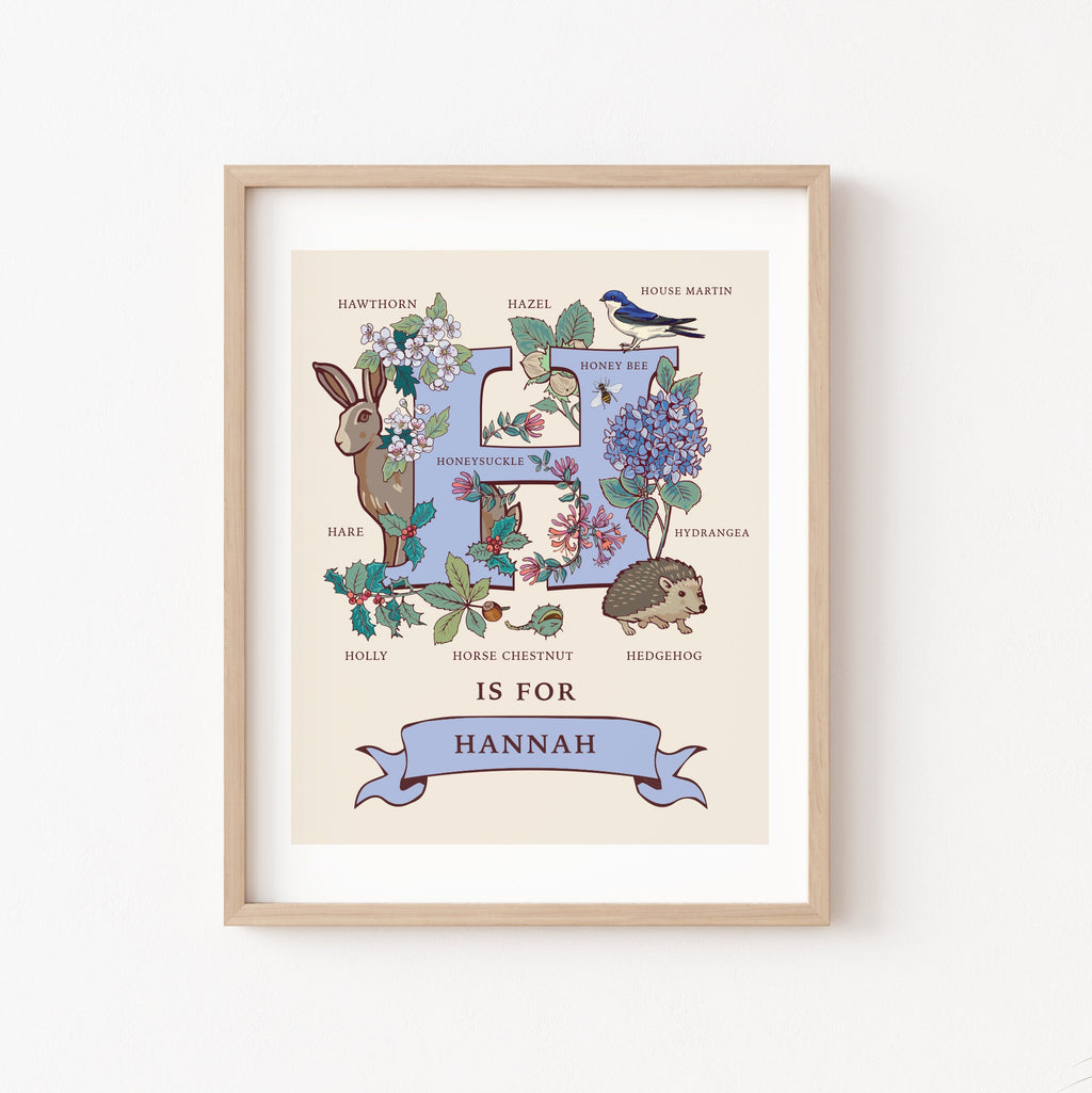 H - Personalised Letter H Print, Initial H Wall Art, Nature Guide Monogram Illustration