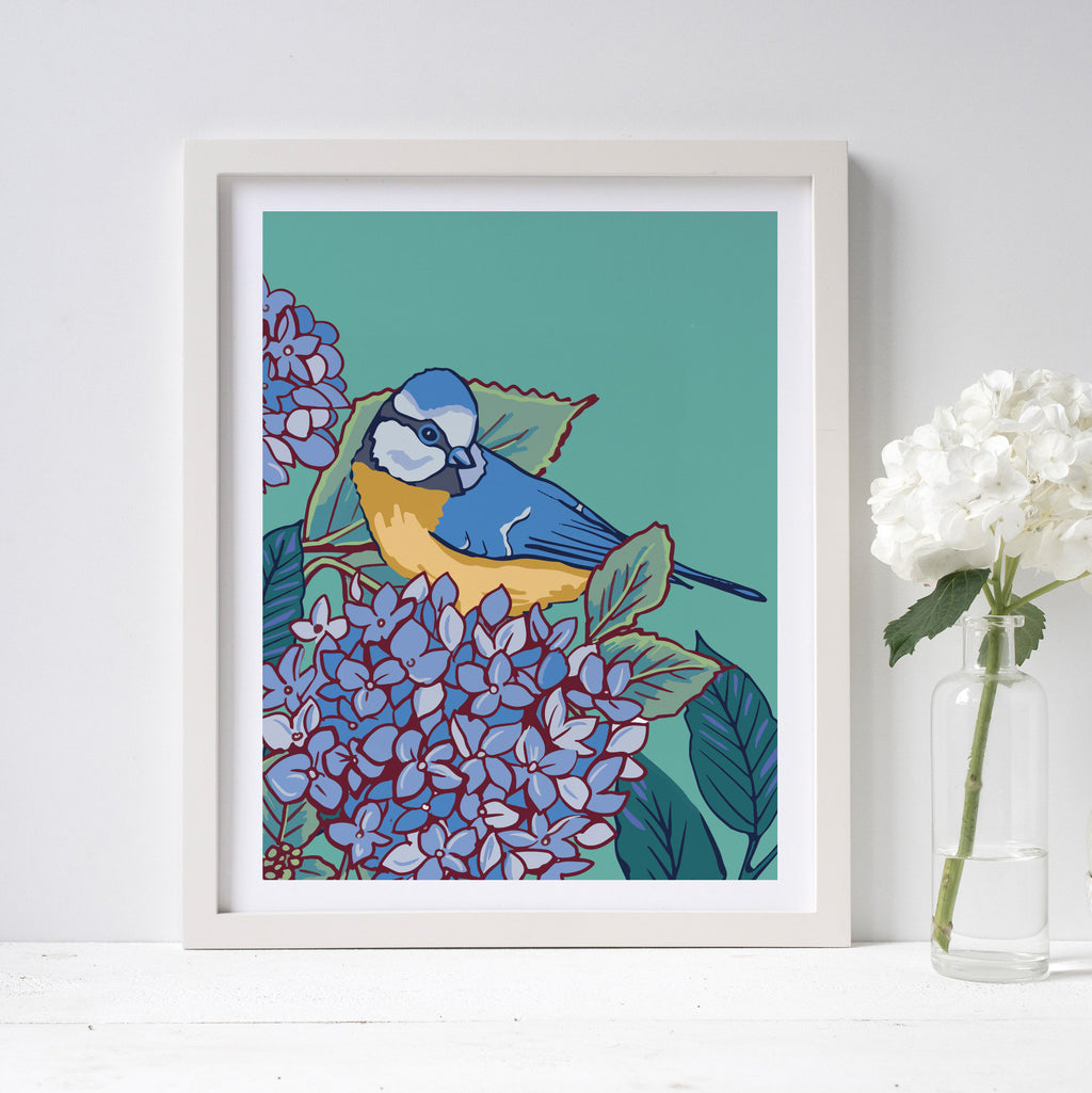 Blue Tit and Hydrangea Wall Art Print