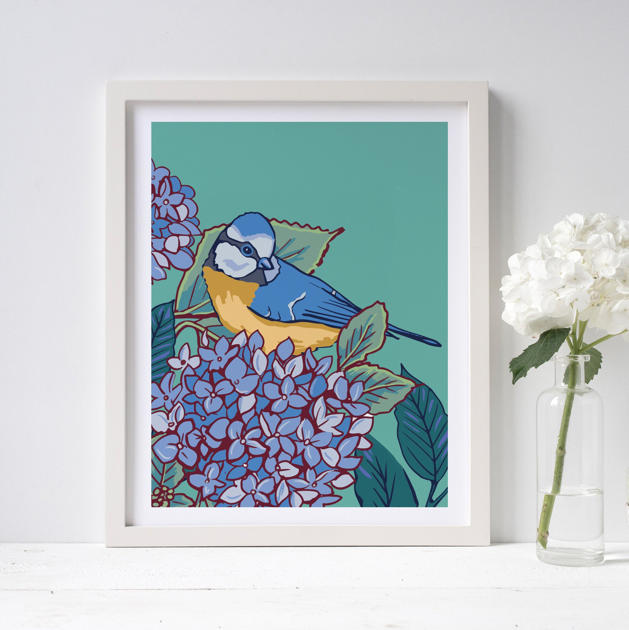 Blue Tit and Hydrangea Wall Art Print