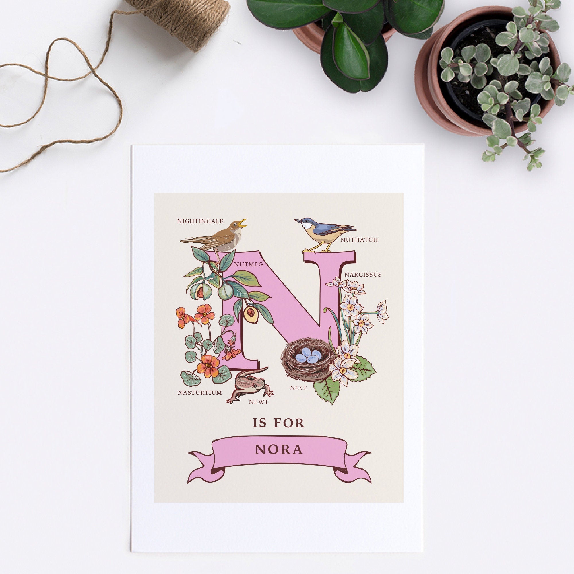 N - Personalised Letter N Print, Initial N Wall Art, Nature Guide Monogram Illustration