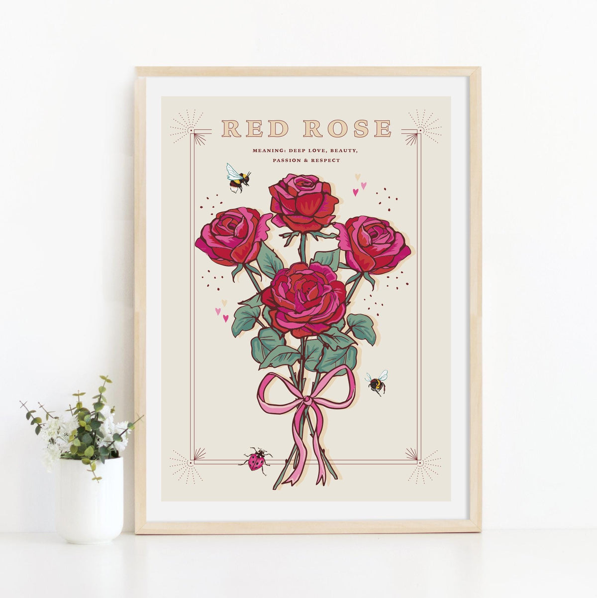 Red Rose Wall Art Print, Flower Meaning Illustration Print