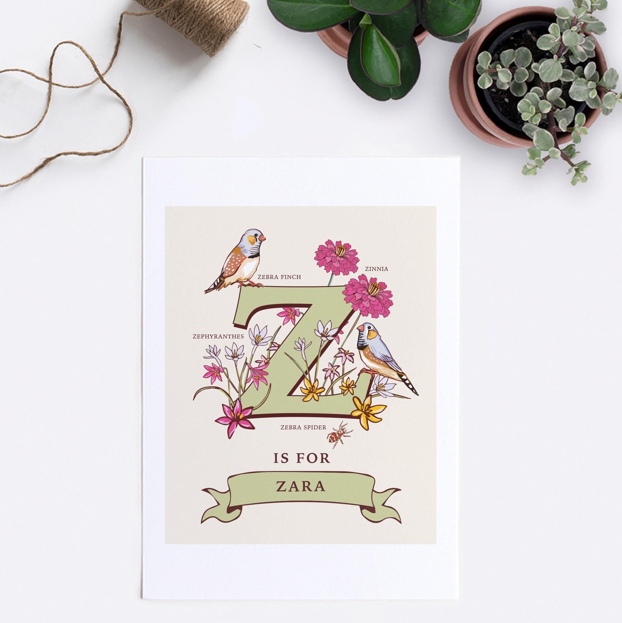 Z - Personalised Letter Z Print, Initial Z Wall Art, Nature Guide Monogram Illustration