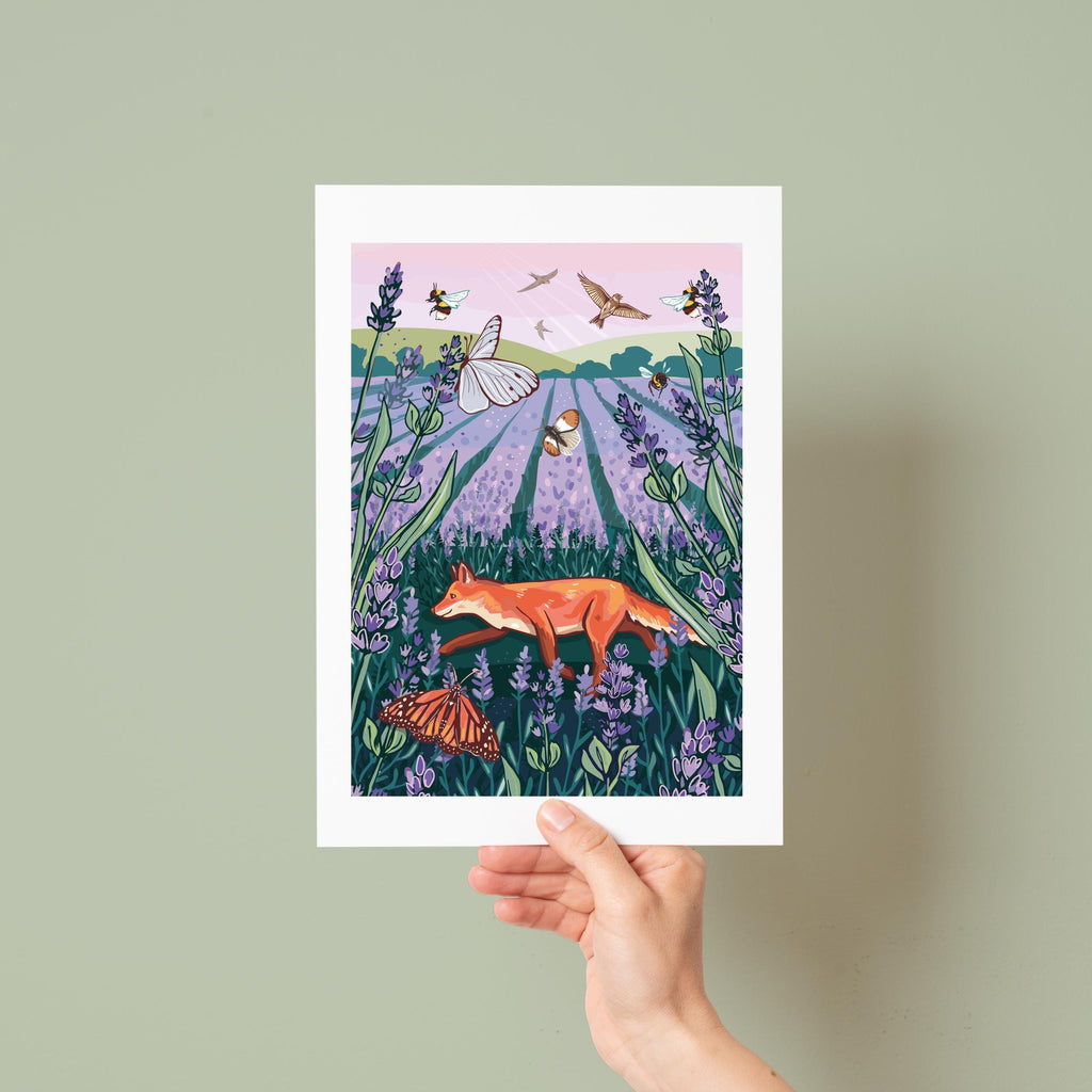 Fox in a Lavender Field Hand-Drawn Wall Art Print