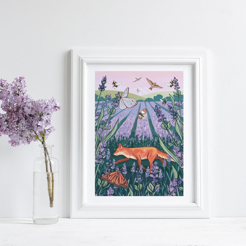 Fox in a Lavender Field Hand-Drawn Wall Art Print