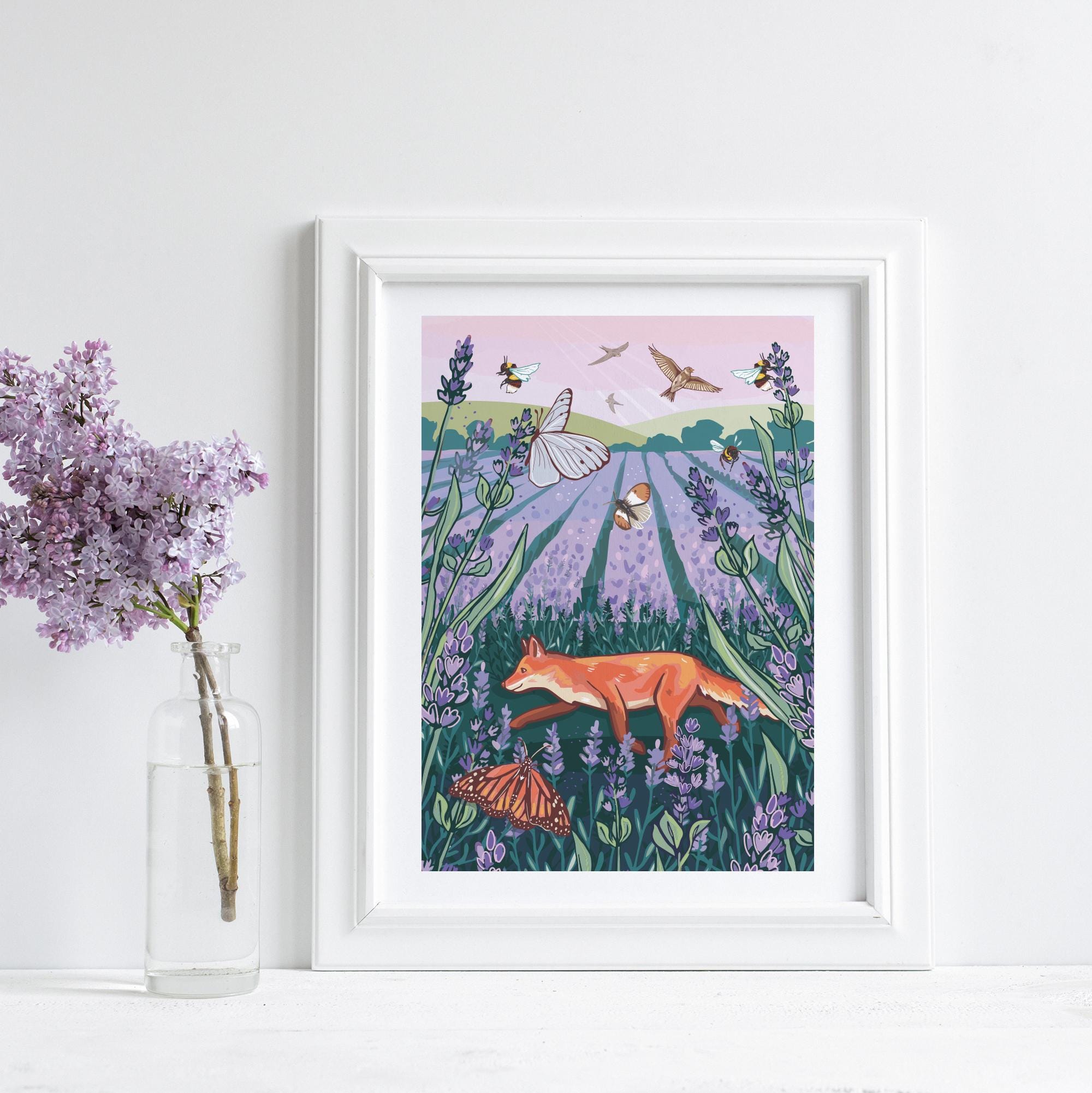 Fox in a Lavender Field Hand-Drawn Wall Art Print