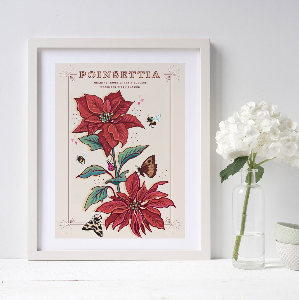 Poinsettia Wall Art Print, December Flower Illustration Print