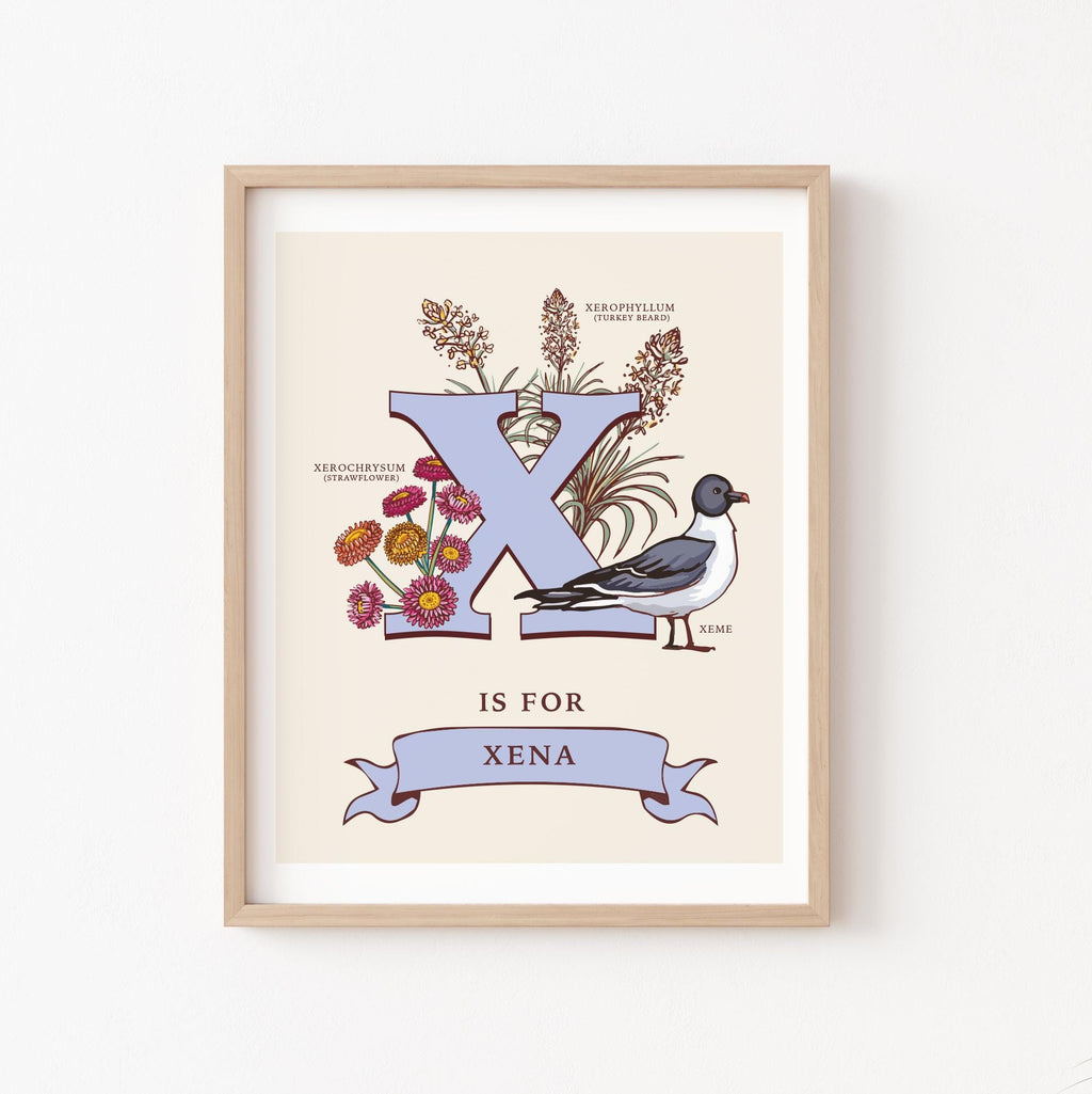 X - Personalised Letter X Print, Initial X Wall Art, Nature Guide Monogram Illustration