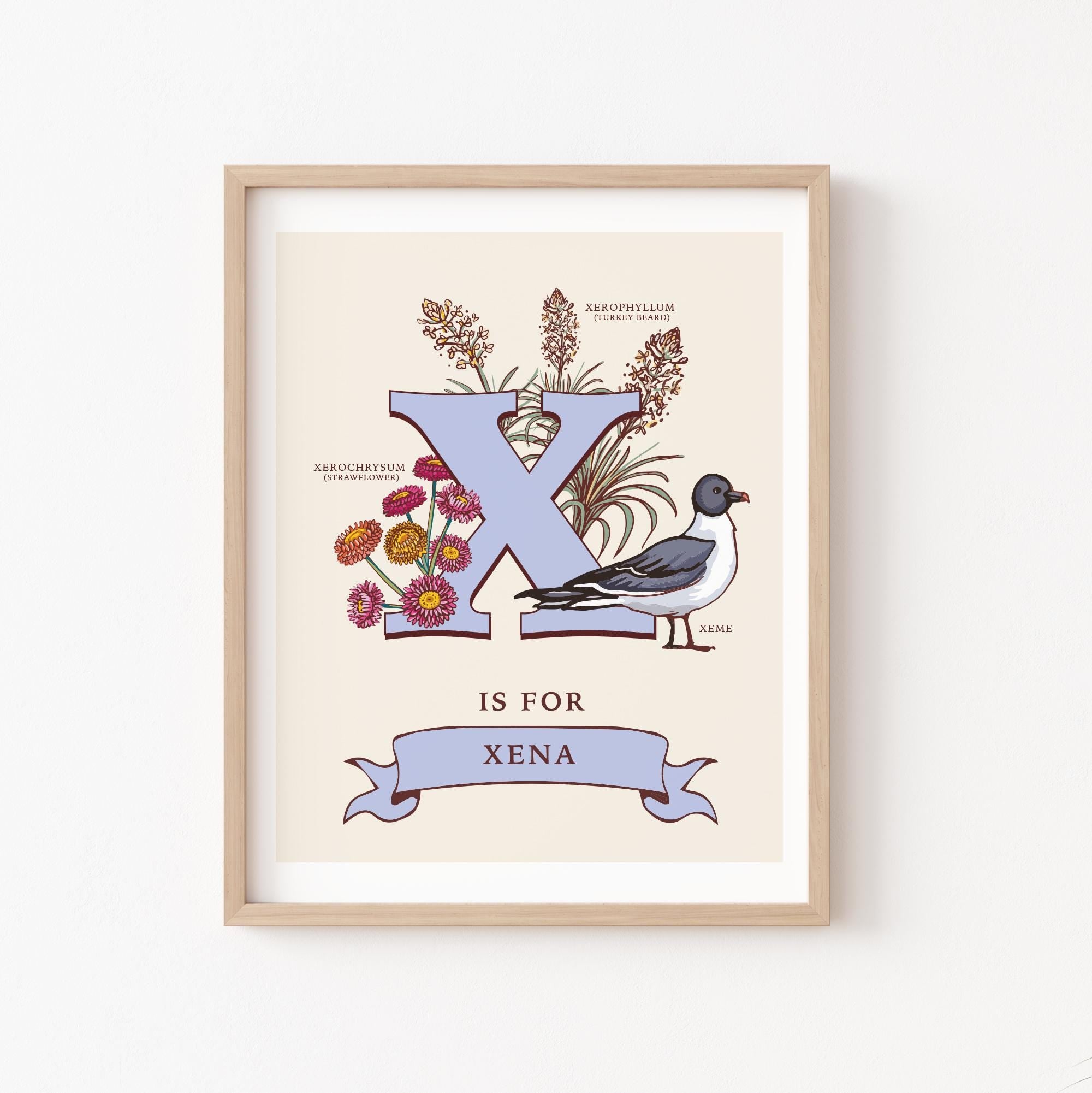 X - Personalised Letter X Print, Initial X Wall Art, Nature Guide Monogram Illustration