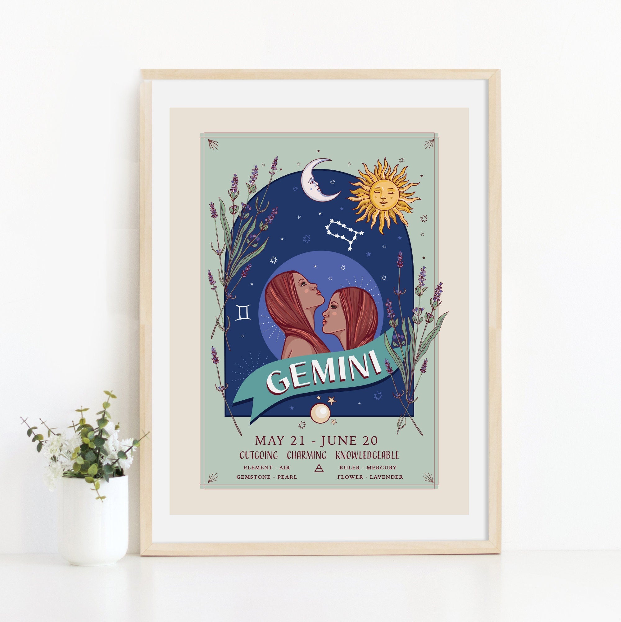 Gemini Wall Art Print, Zodiac Sign and Flowers Illustration Print