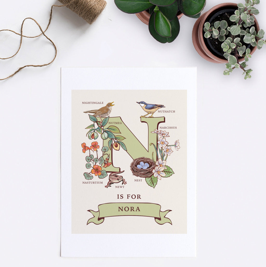 N - Personalised Letter N Print, Initial N Wall Art, Nature Guide Monogram Illustration