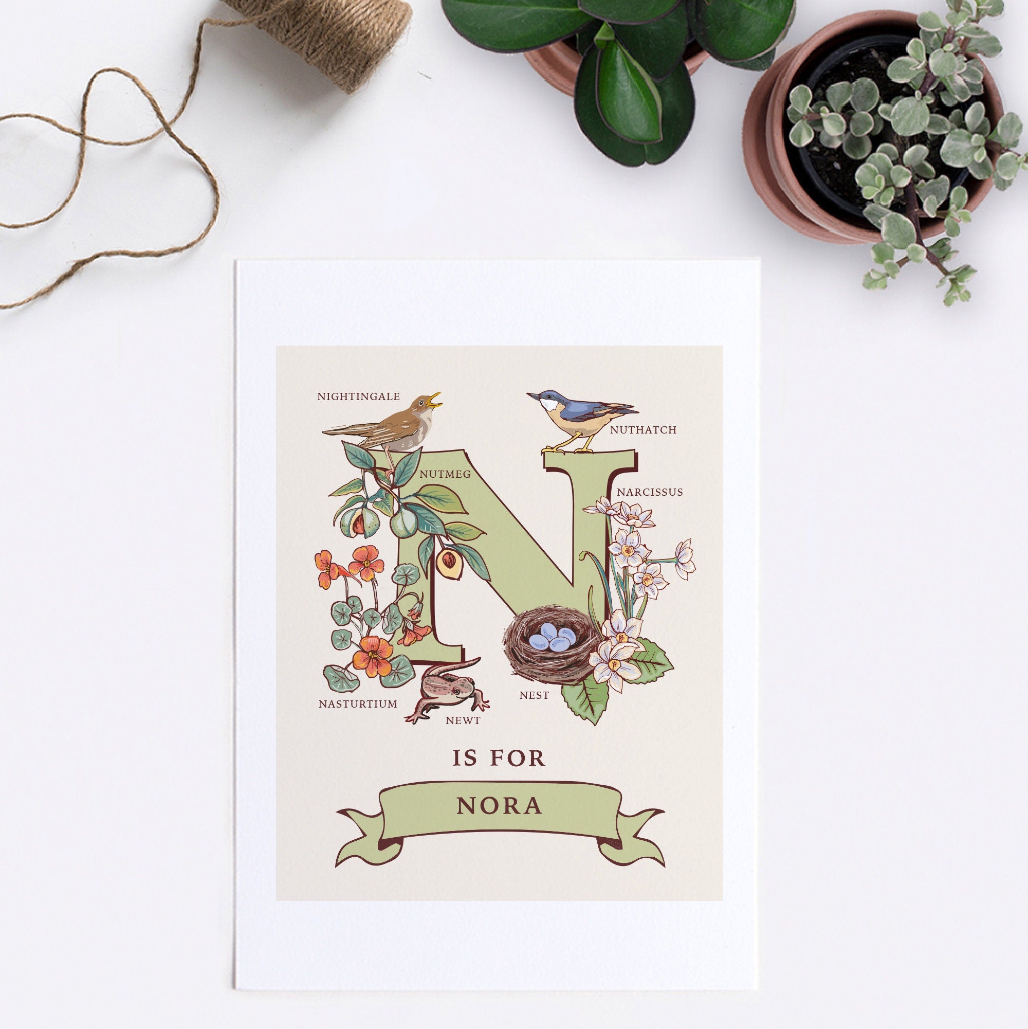 N - Personalised Letter N Print, Initial N Wall Art, Nature Guide Monogram Illustration