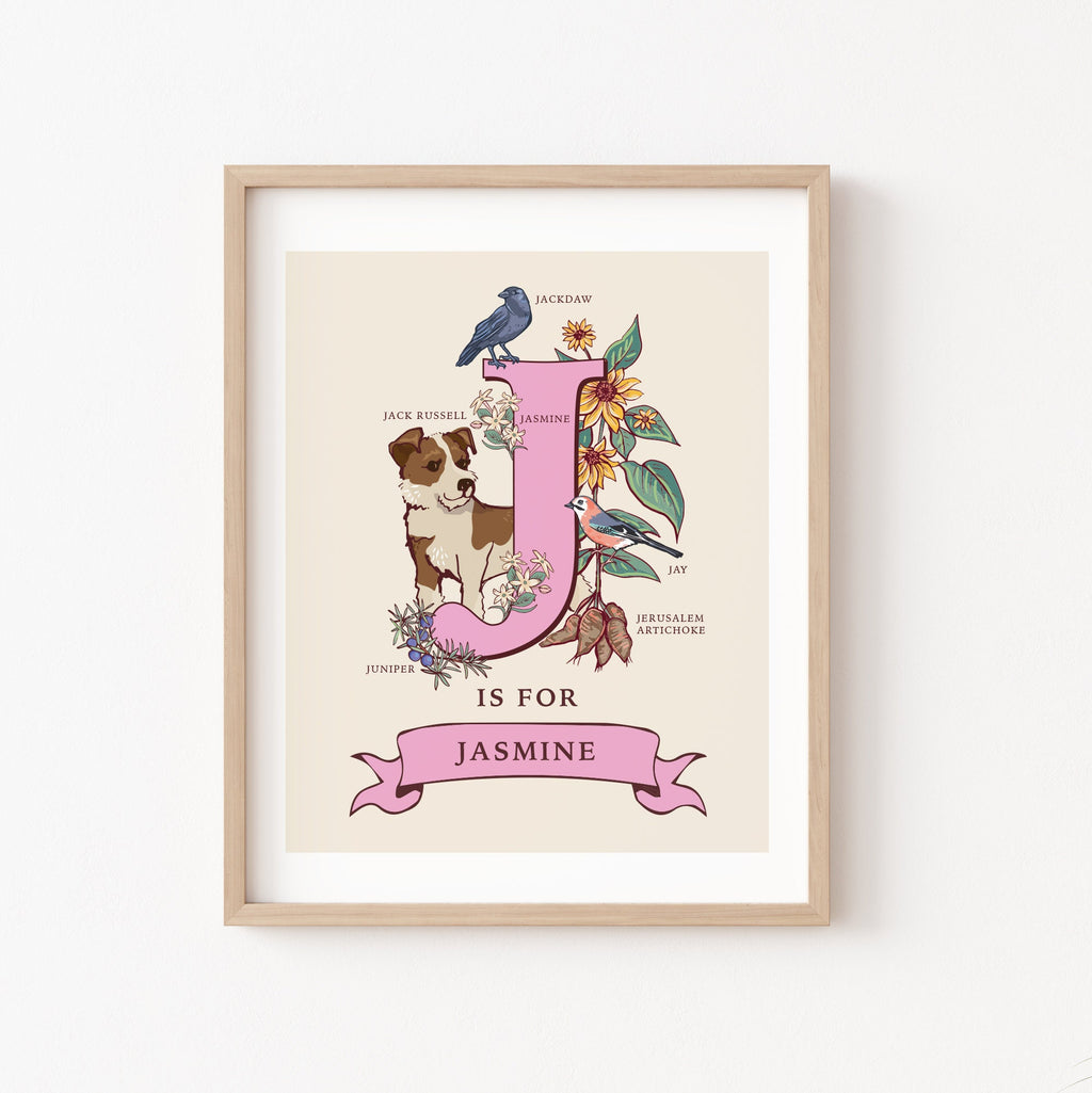 J - Personalised Letter J Print, Initial J Wall Art, Nature Guide Monogram Illustration