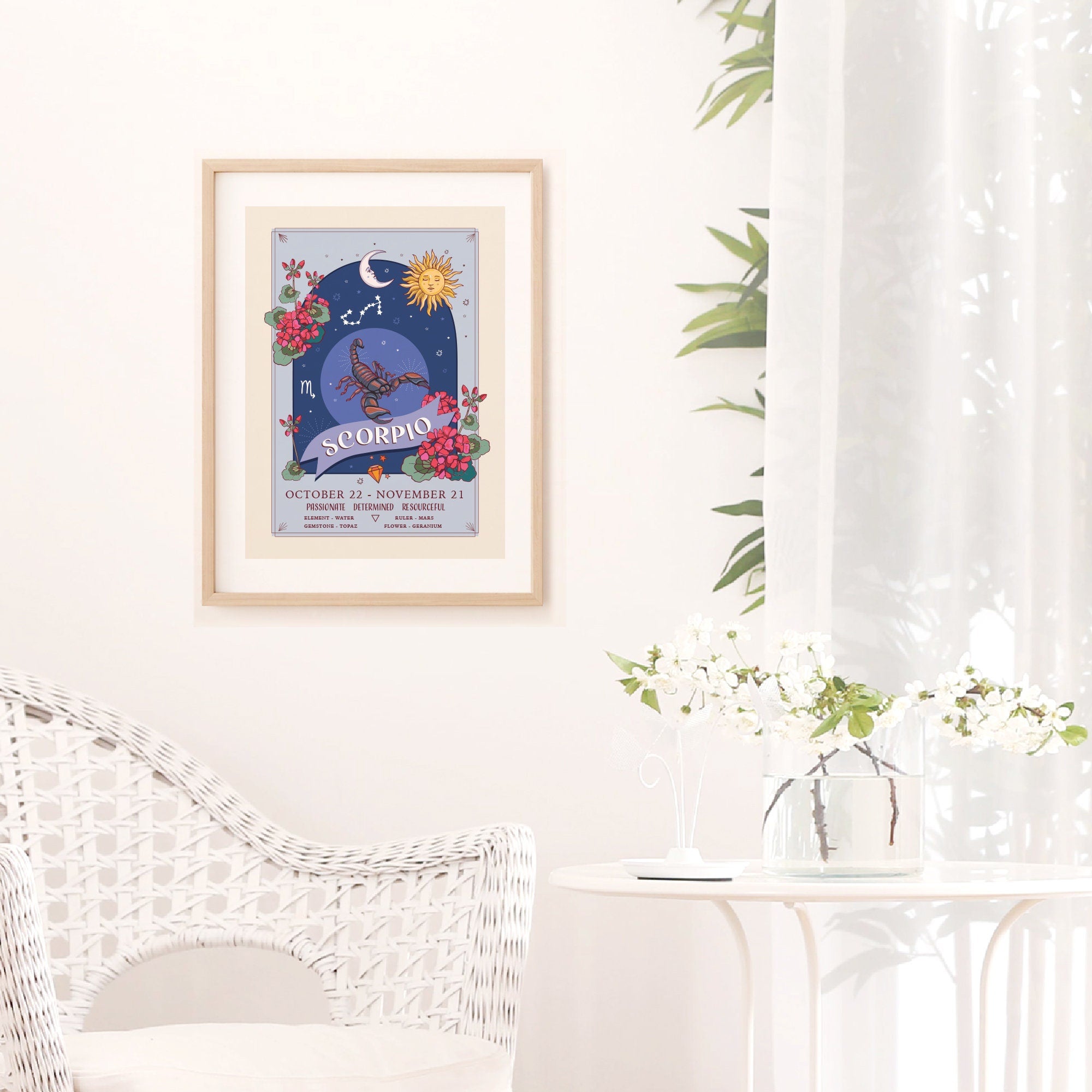 Scorpio Wall Art Print, Zodiac Sign and Flowers Illustration Print