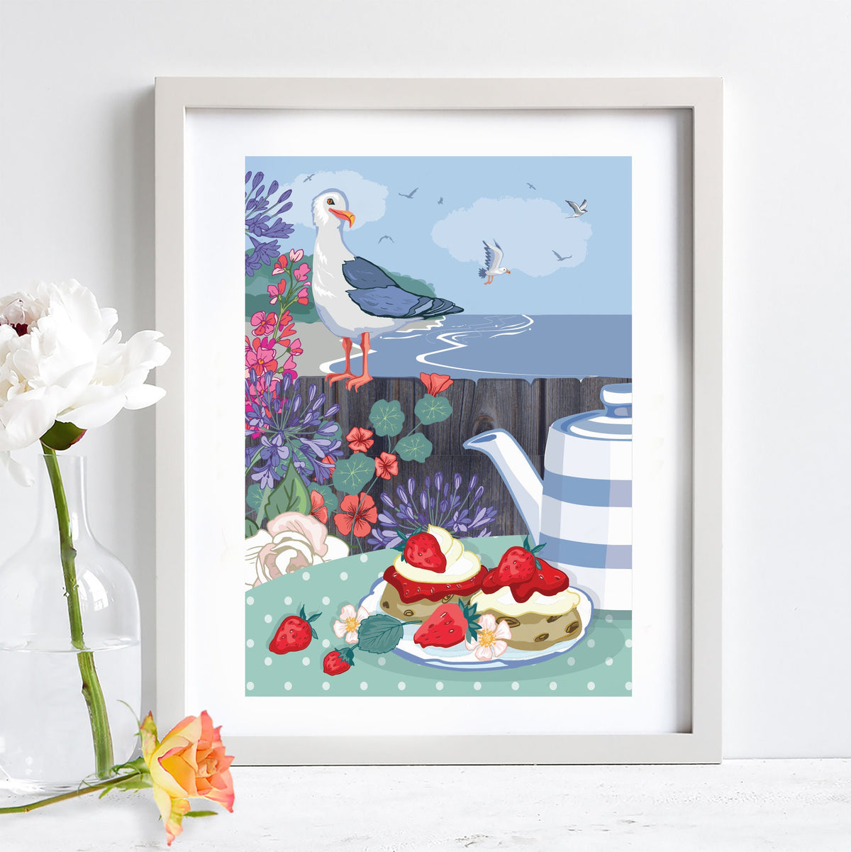 Seagull and Cream Tea By The Sea Wall Art Print