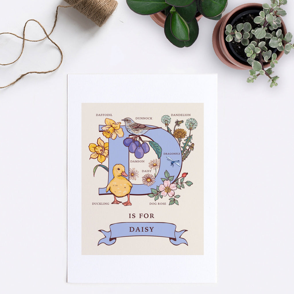 Personalised Monogram Initial Letter D, Nature Guide Wall Art Print