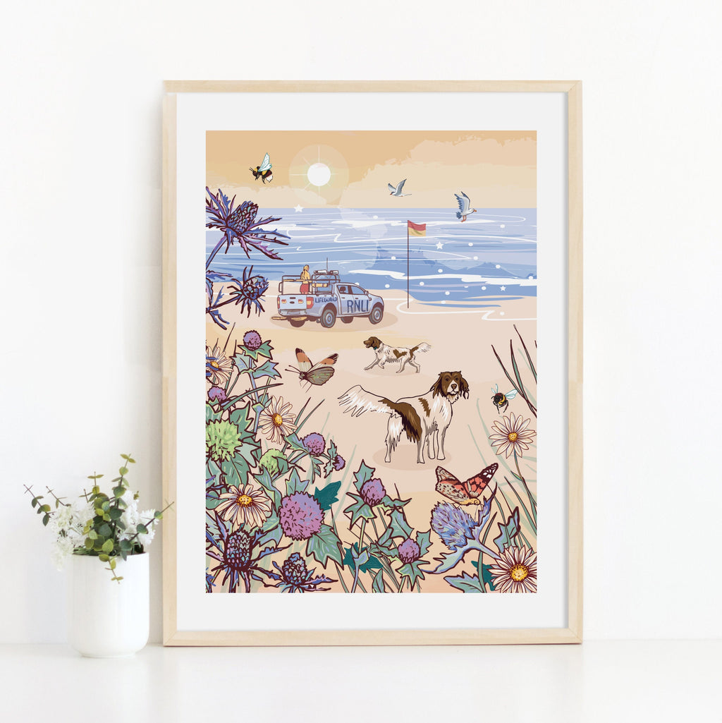 Dogs on the Beach Wall Art Print, View From Sand Dunes Illustration Print