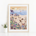 Dogs on the Beach Wall Art Print, View From Sand Dunes Illustration Print