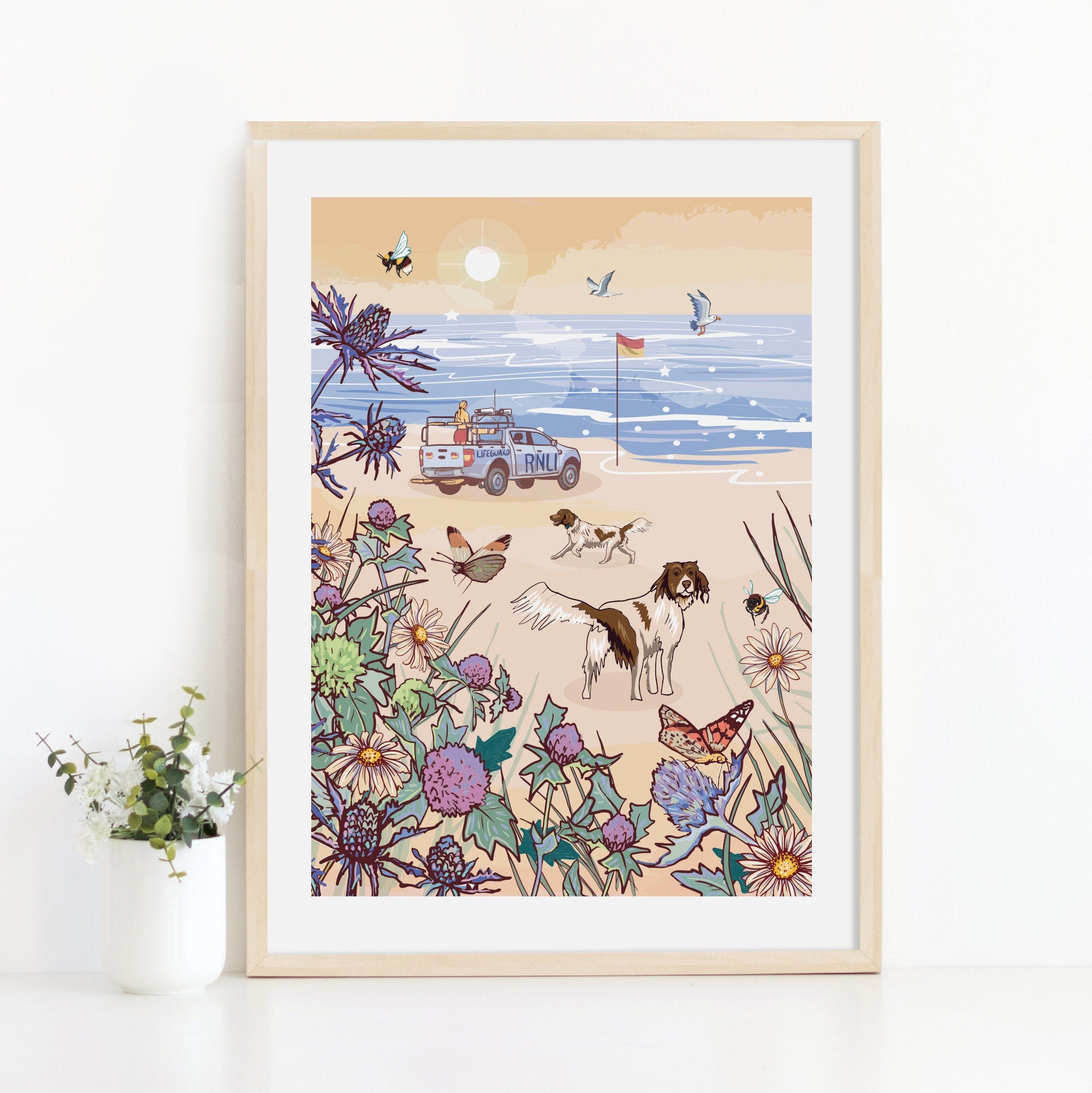 Dogs on the Beach Wall Art Print, View From Sand Dunes Illustration Print