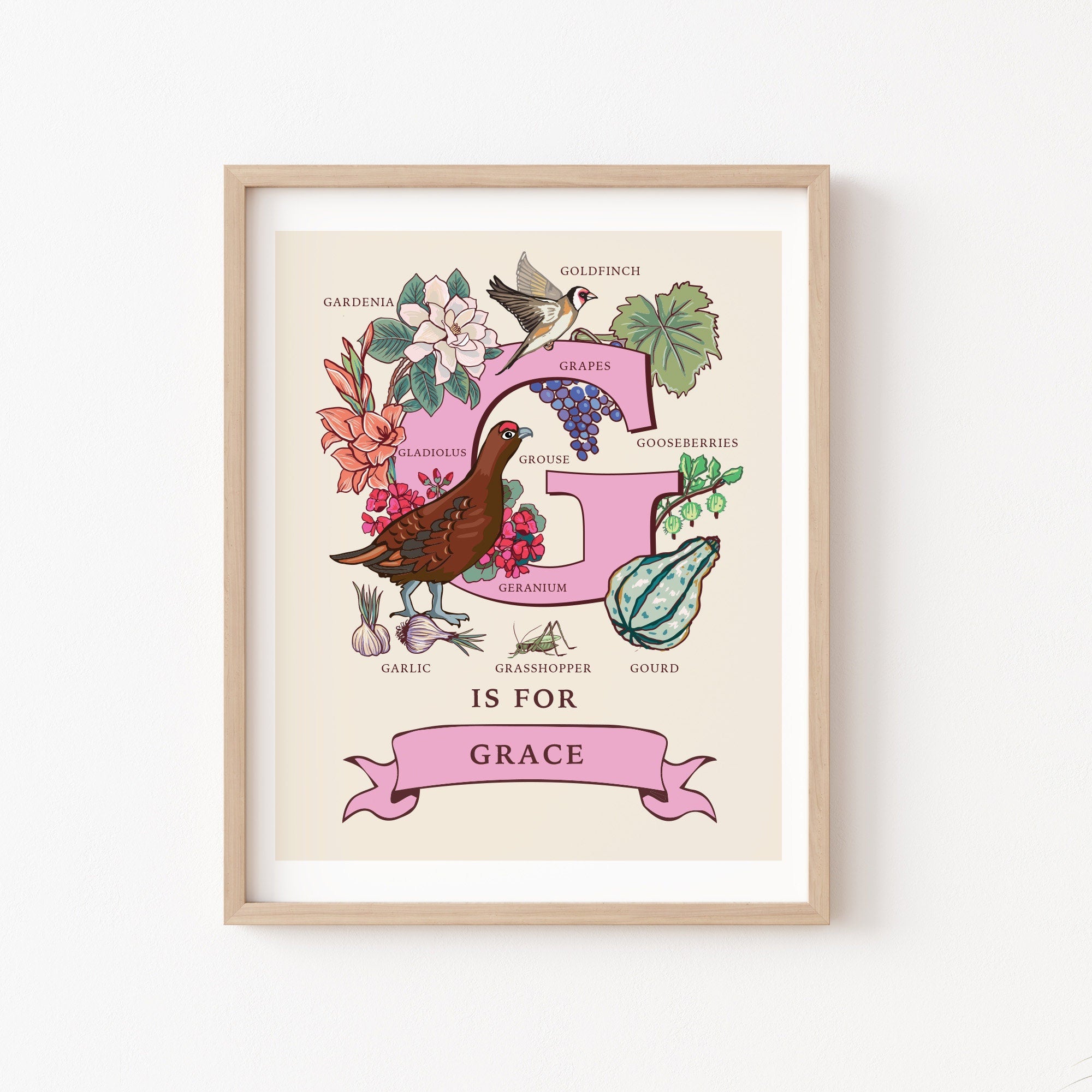 G - Personalised Letter G Print, Initial G Wall Art, Nature Guide Monogram Illustration