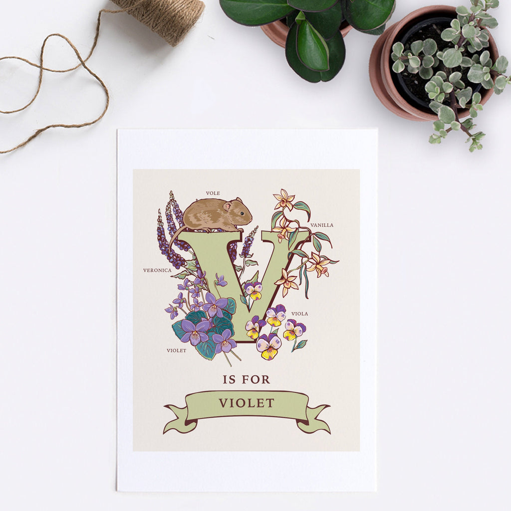 V - Personalised Letter V Print, Initial V Wall Art, Nature Guide Monogram Illustration