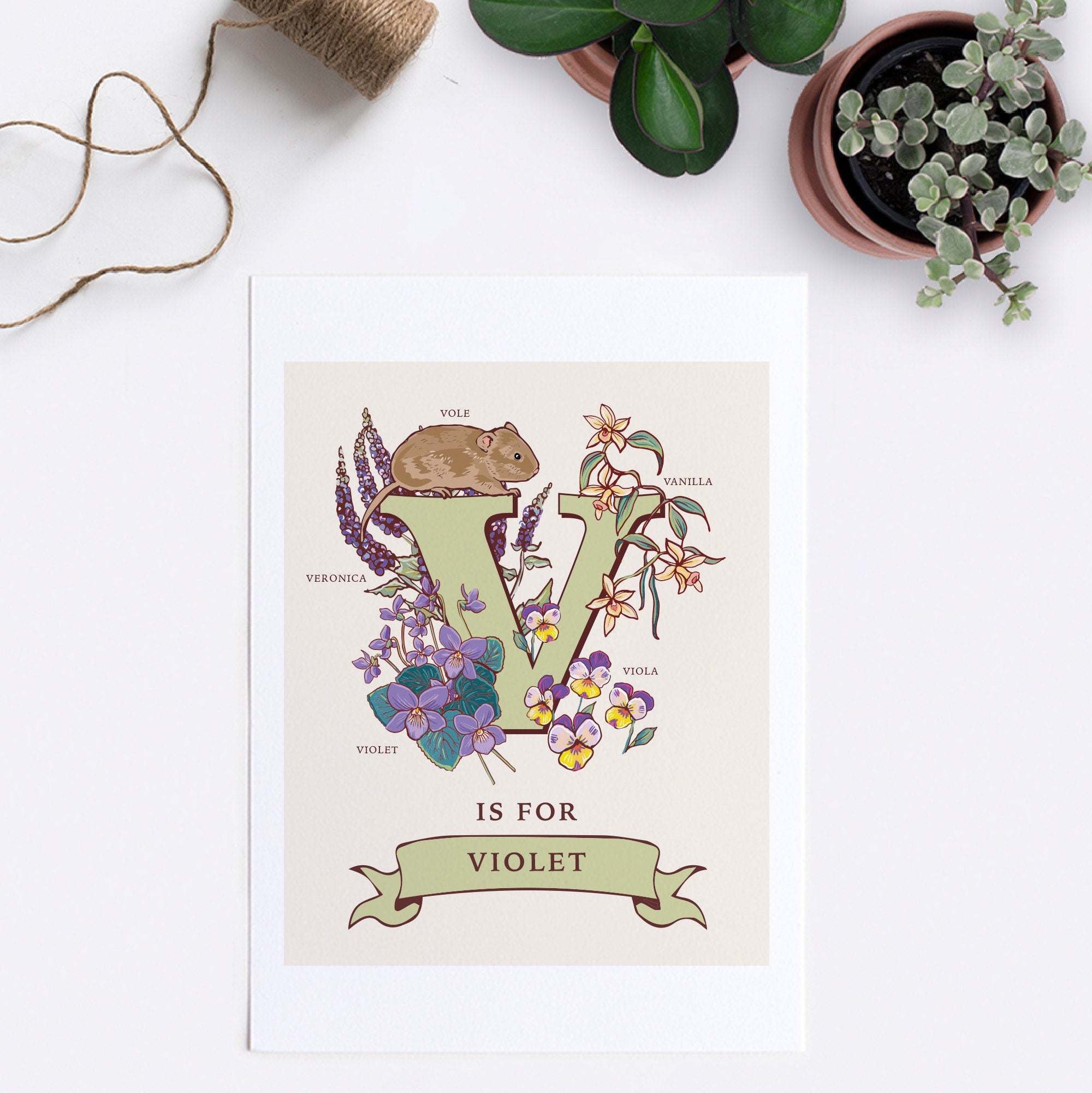 V - Personalised Letter V Print, Initial V Wall Art, Nature Guide Monogram Illustration