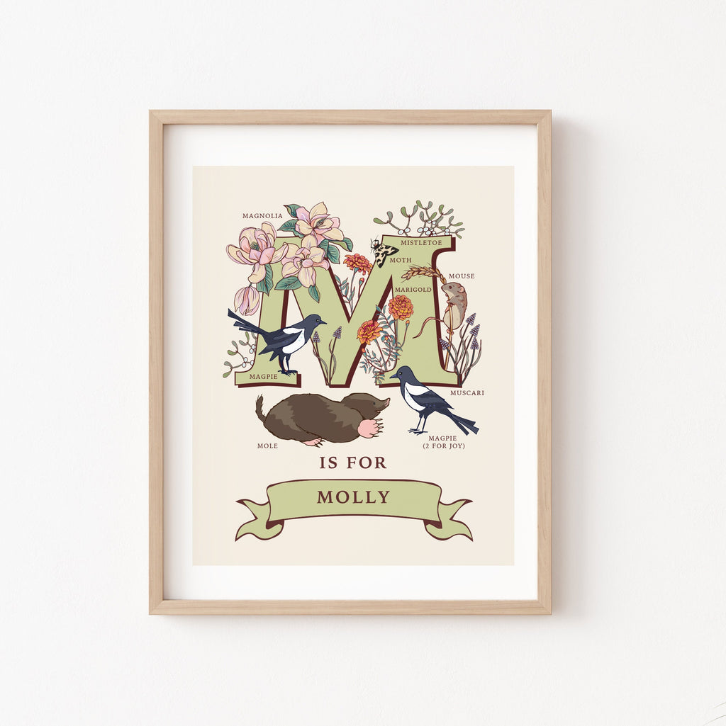 M - Personalised Letter M Print, Initial M Wall Art, Nature Guide Monogram Illustration
