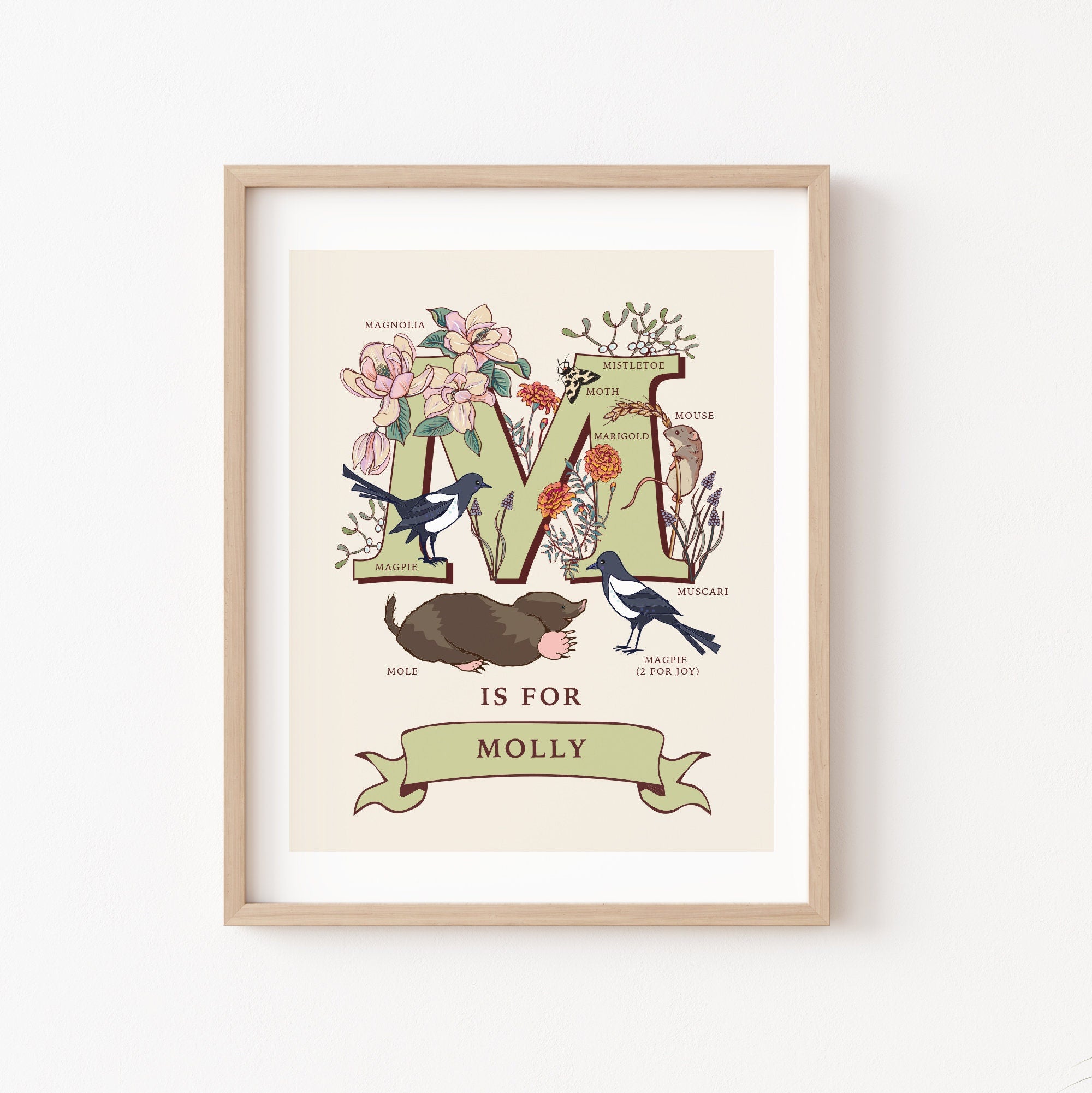 M - Personalised Letter M Print, Initial M Wall Art, Nature Guide Monogram Illustration