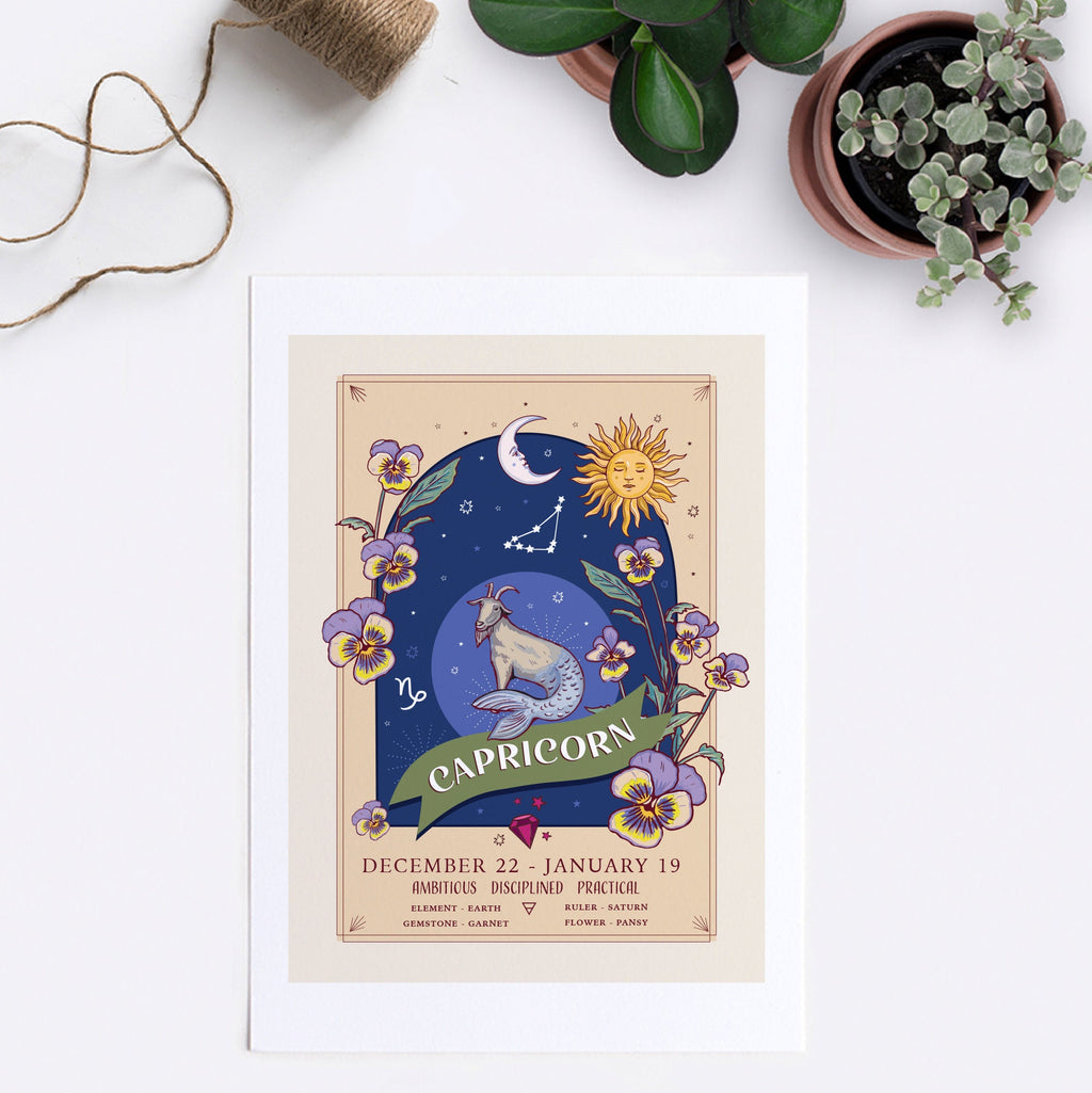 Capricorn Wall Art Print, Zodiac Sign and Flowers Illustration Print