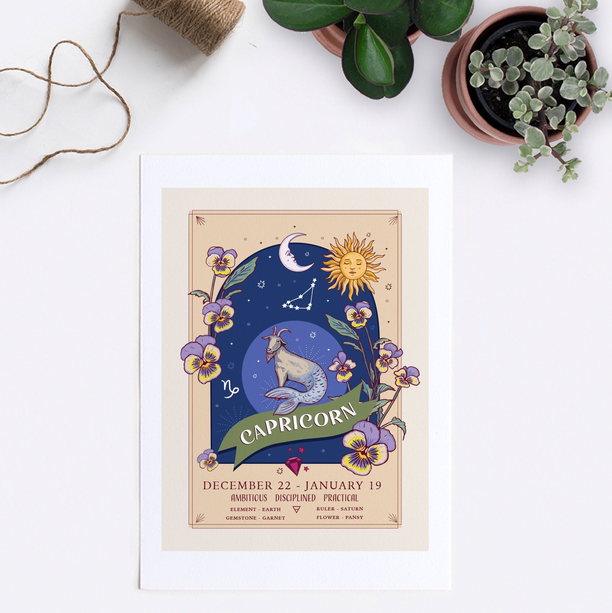 Capricorn Wall Art Print, Zodiac Sign and Flowers Illustration Print