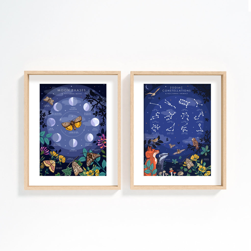 Zodiac Constellations Print and Nocturnal Animals Nature Guide Wall Art Print