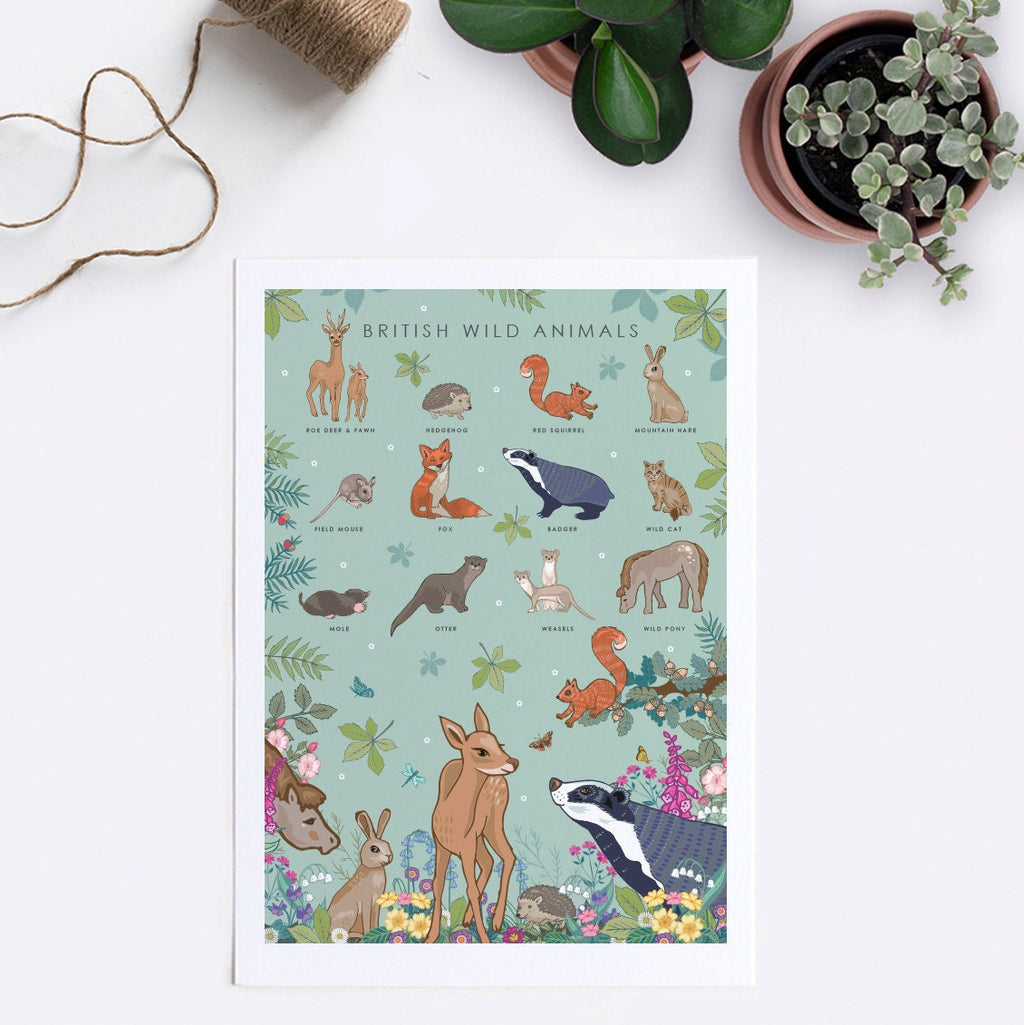 British Wild Animals Nature Guide Wall Art Print