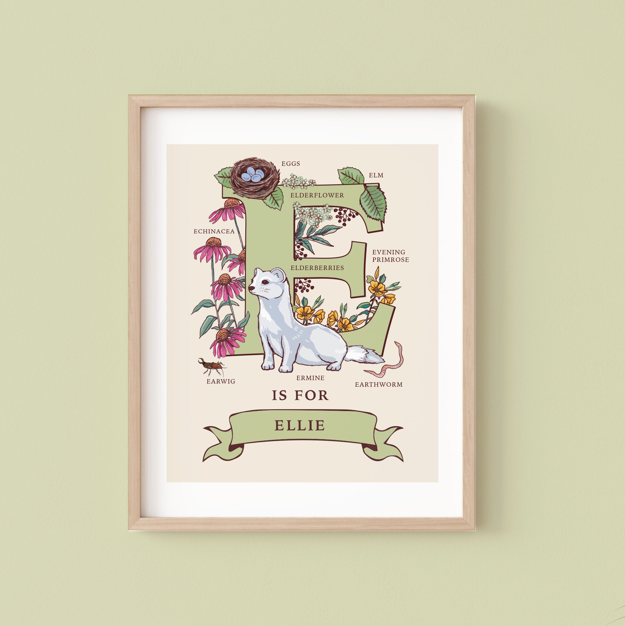 Personalised Monogram Initial Letter E, Nature Guide Wall Art Print
