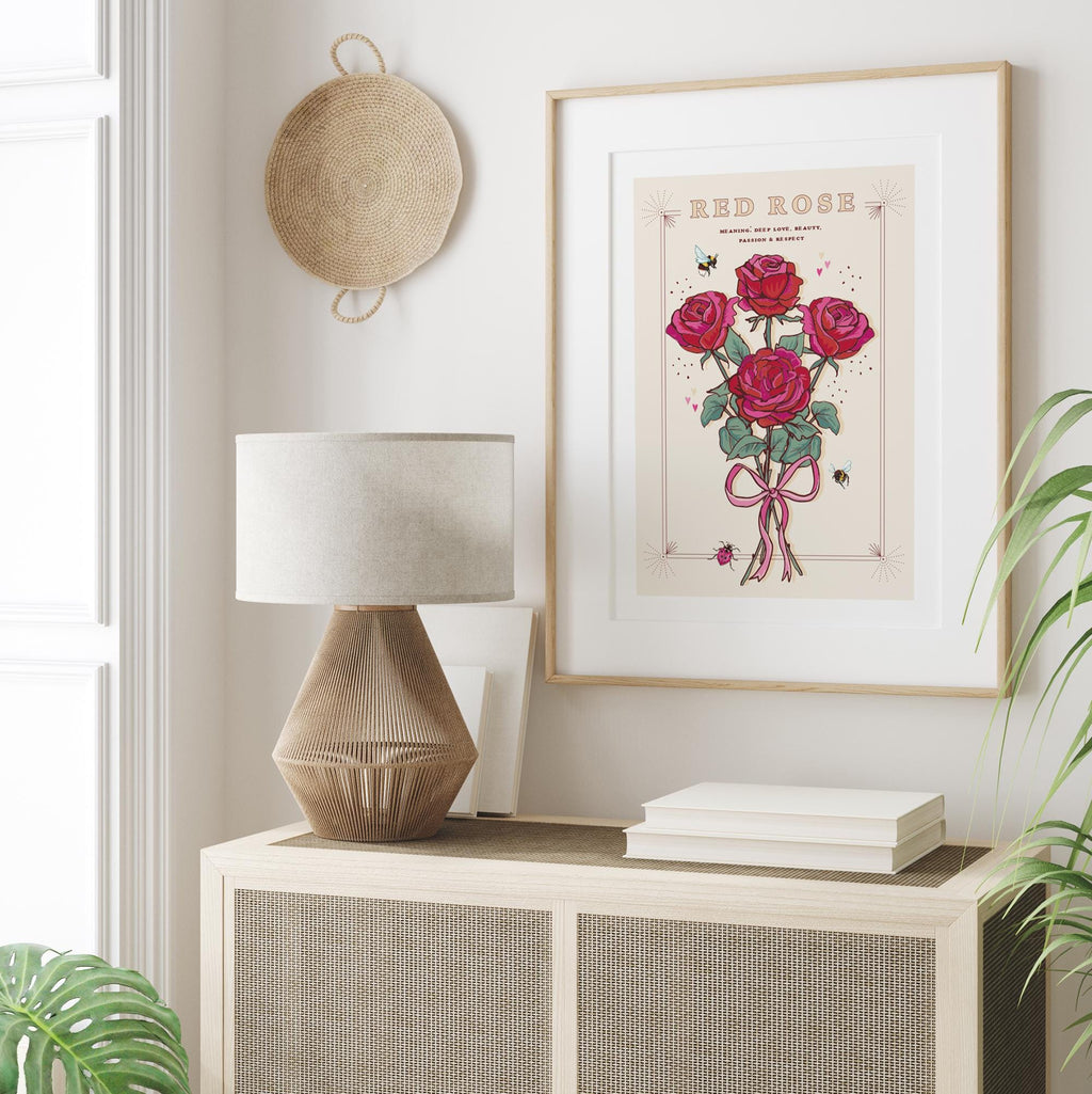 Red Rose Wall Art Print, Flower Meaning Illustration Print