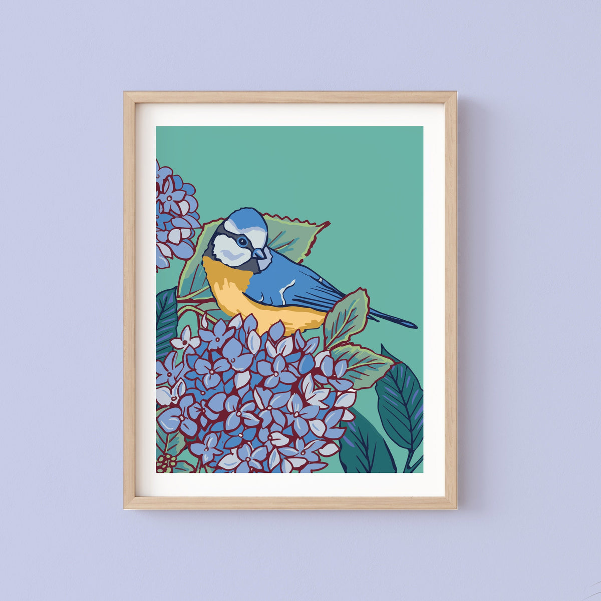 Blue Tit and Hydrangea Wall Art Print