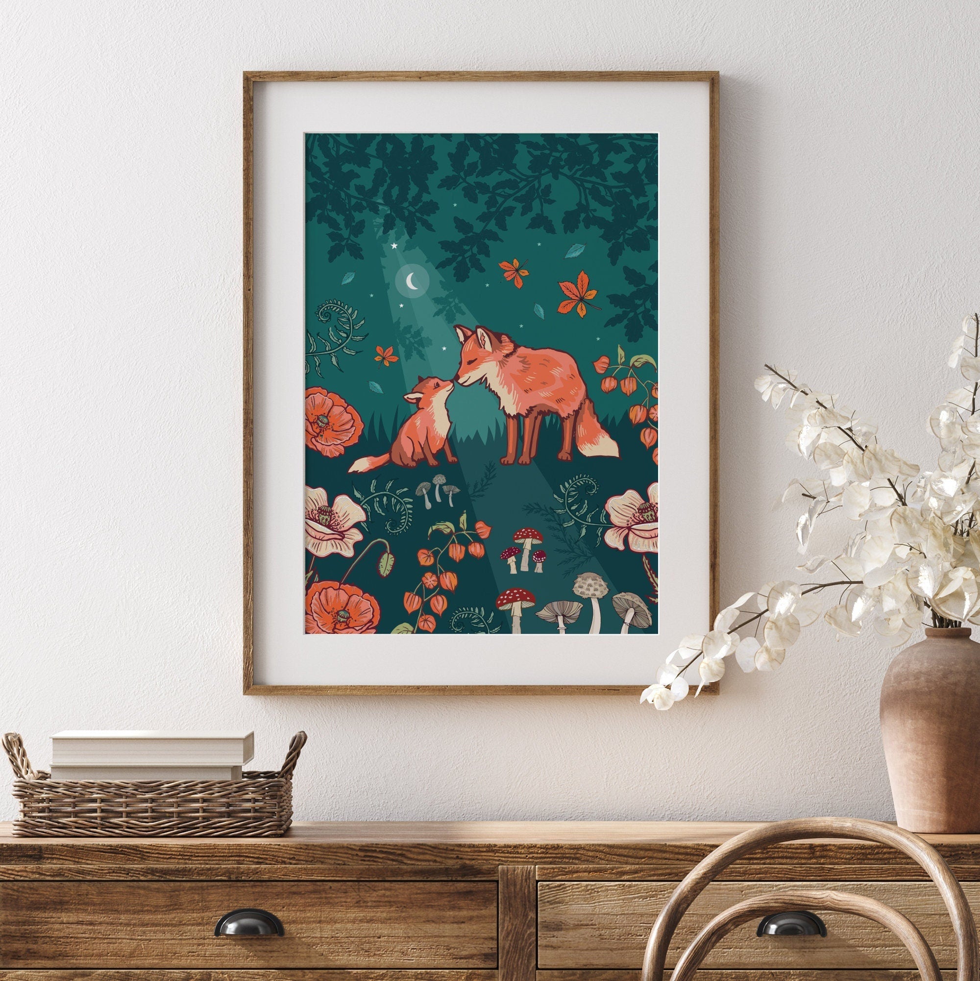Fox and Cub in Autumn Woodland Nursery Print
