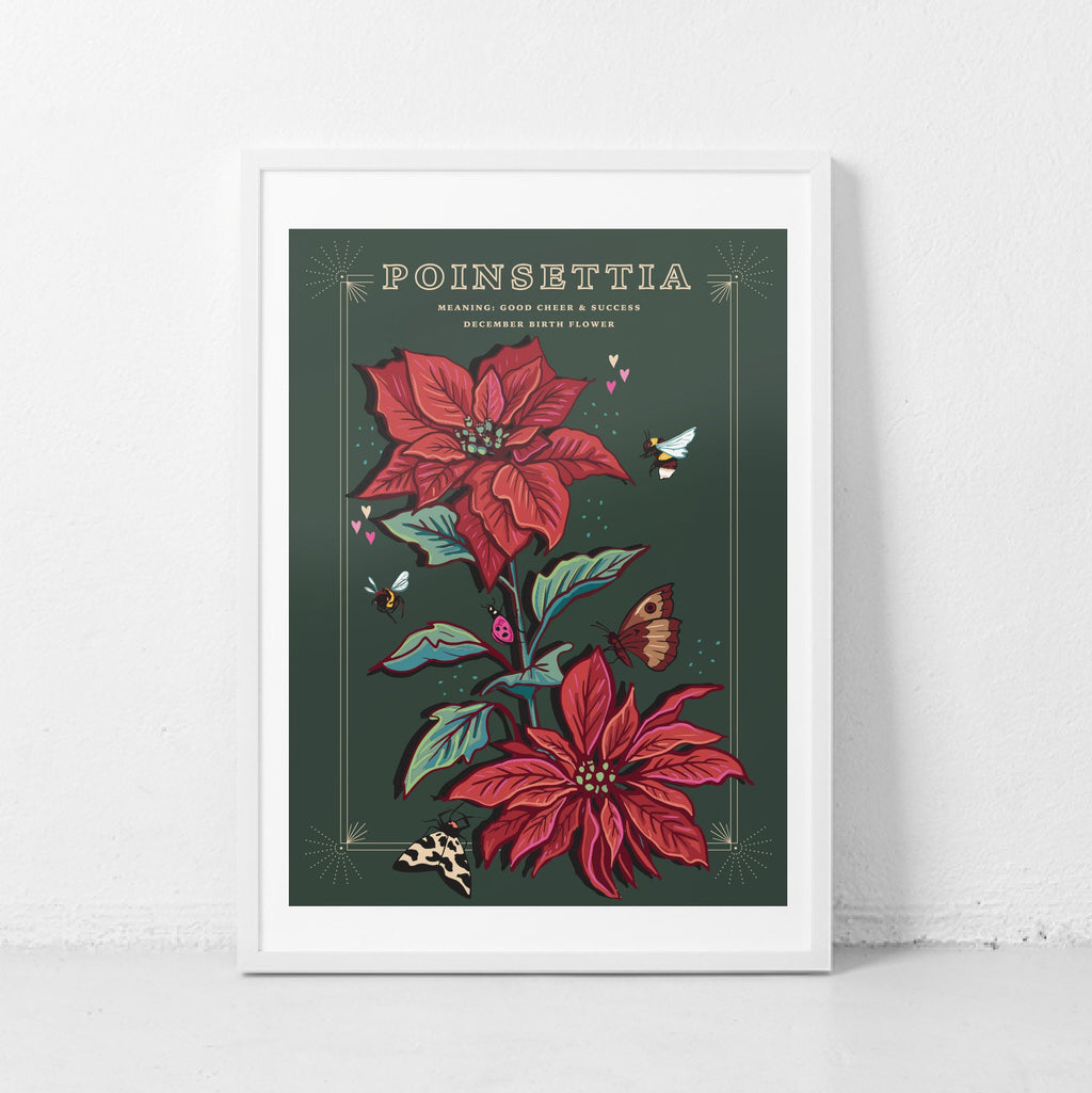 Poinsettia Wall Art Print, December Flower Illustration Print